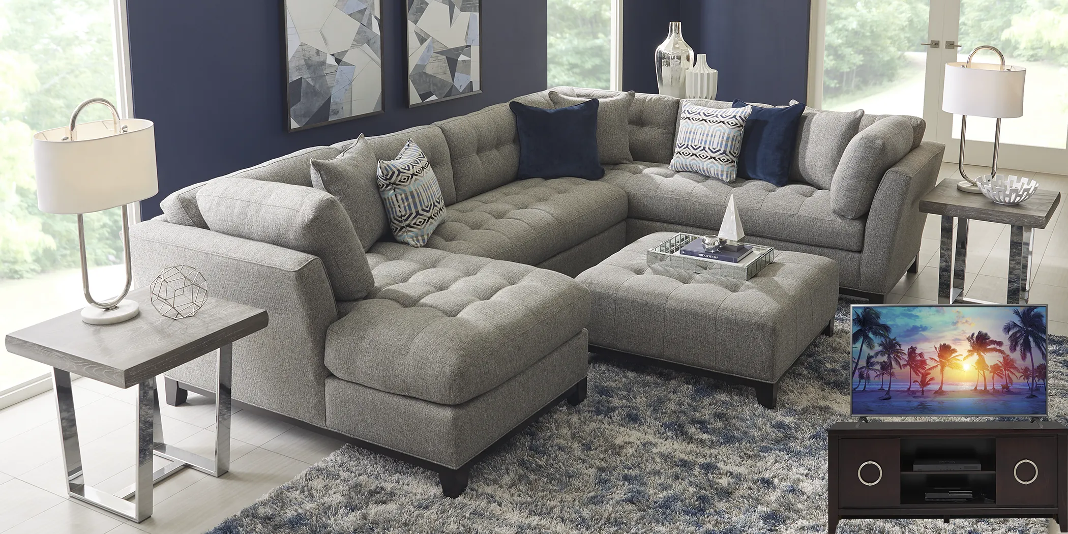 Cindy Crawford Home Metropolis Way Gray Textured 5 Pc Sectional Living Room Plus 70 in. TV - Thumbnail - Image 1
