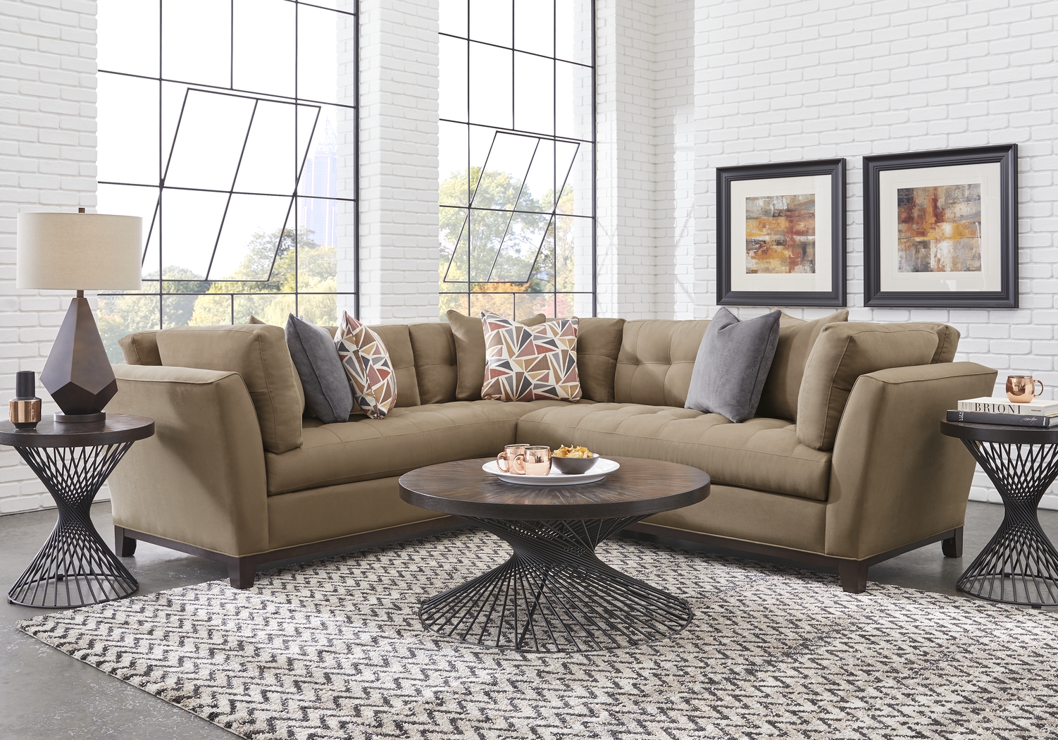 Cindy Crawford Home Metropolis Way Khaki Microfiber 2 Pc Sectional - Thumbnail - Image 1