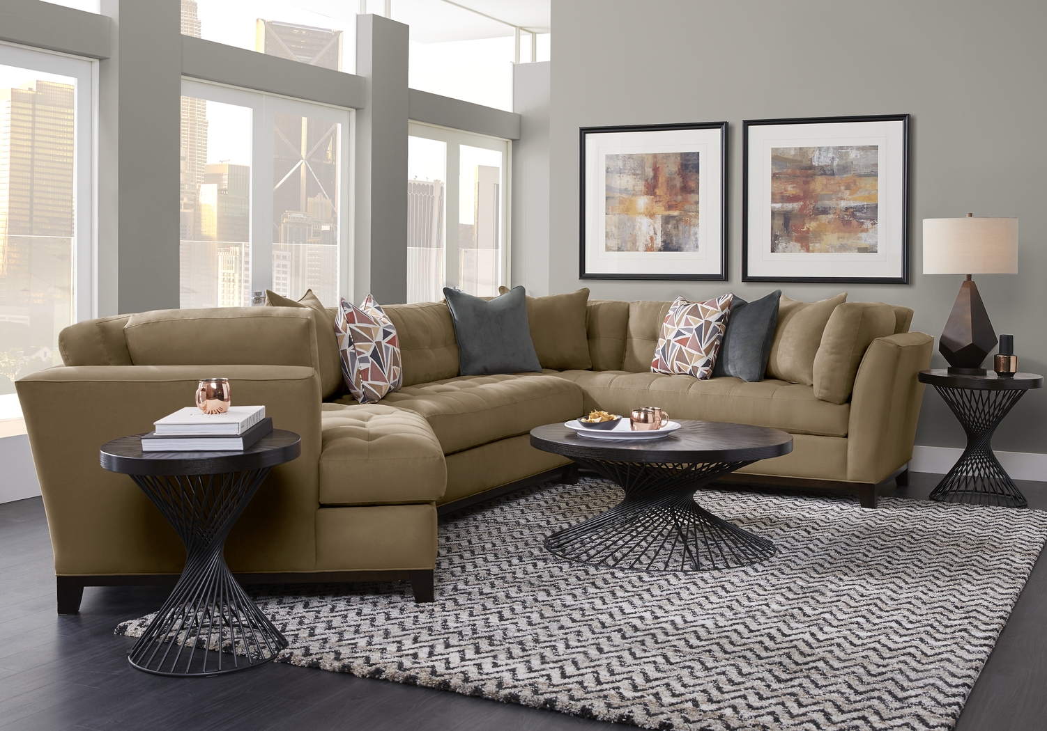 Cindy Crawford Home Metropolis Way Khaki Microfiber 3 Pc Sectional with Cuddler - Thumbnail - Image 1