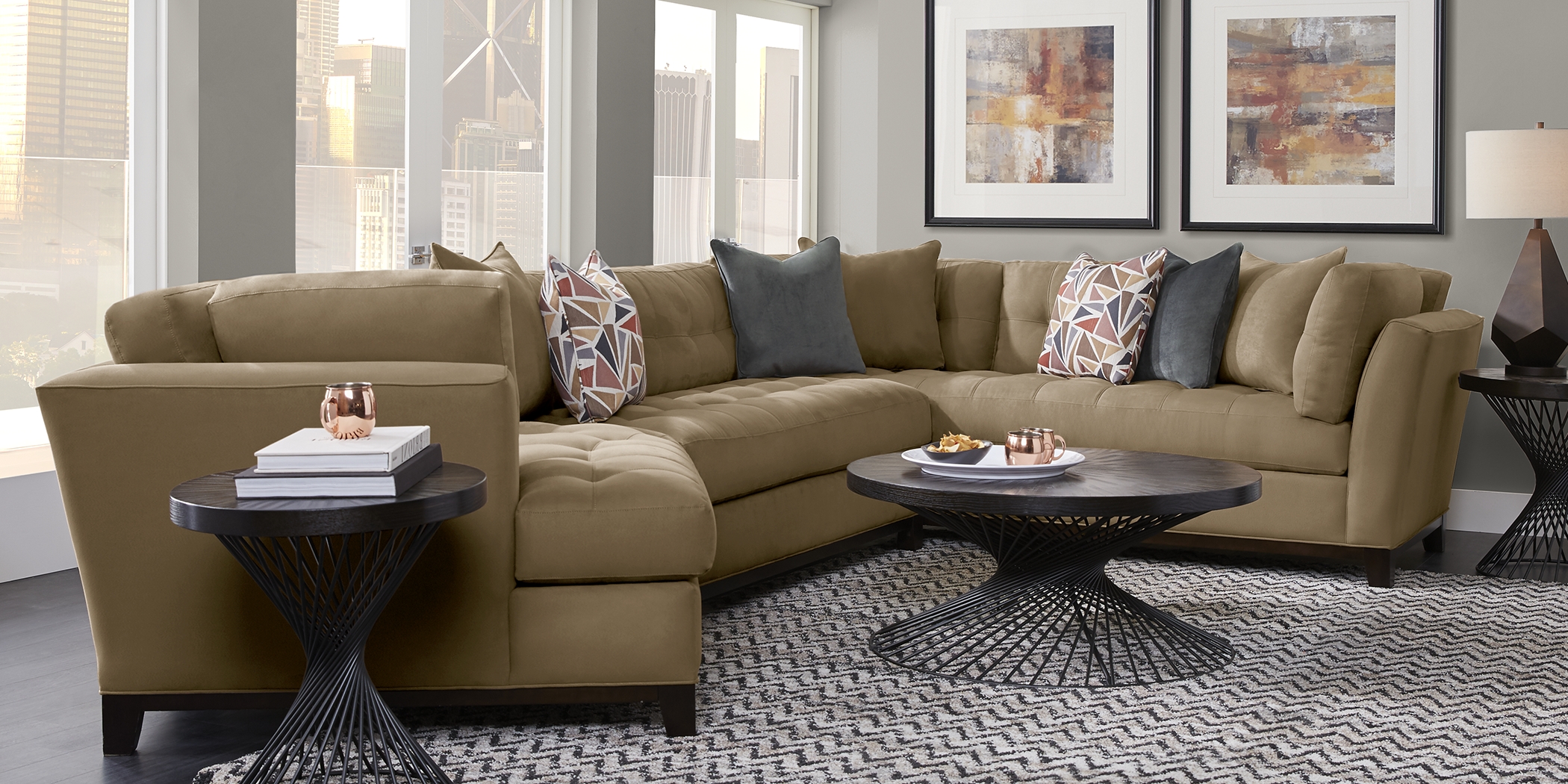 Cindy Crawford Home Metropolis Way Khaki Microfiber 3 Pc Sectional with Cuddler - Thumbnail - Image 2