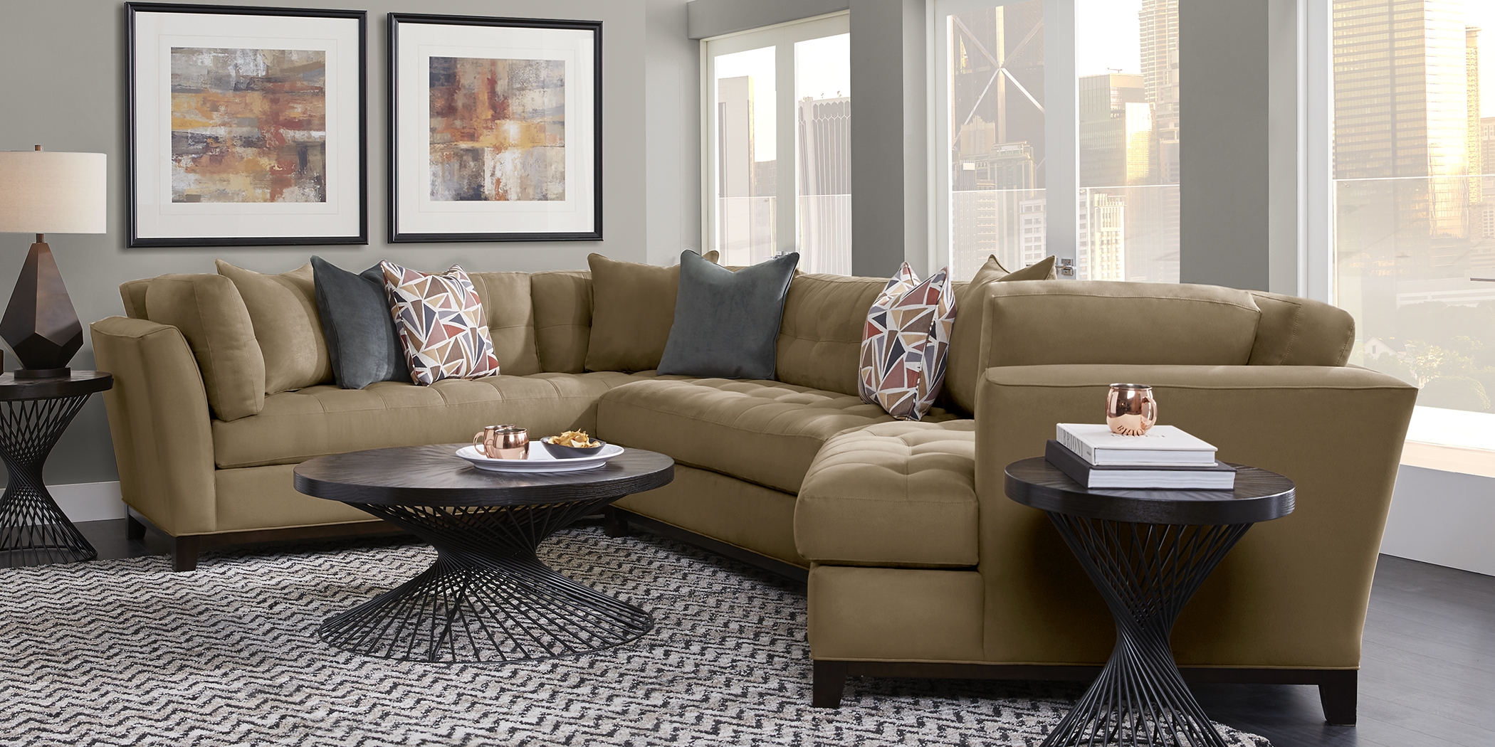 Cindy Crawford Home Metropolis Way Khaki Microfiber 3 Pc Sectional with Cuddler - Thumbnail - Image 2