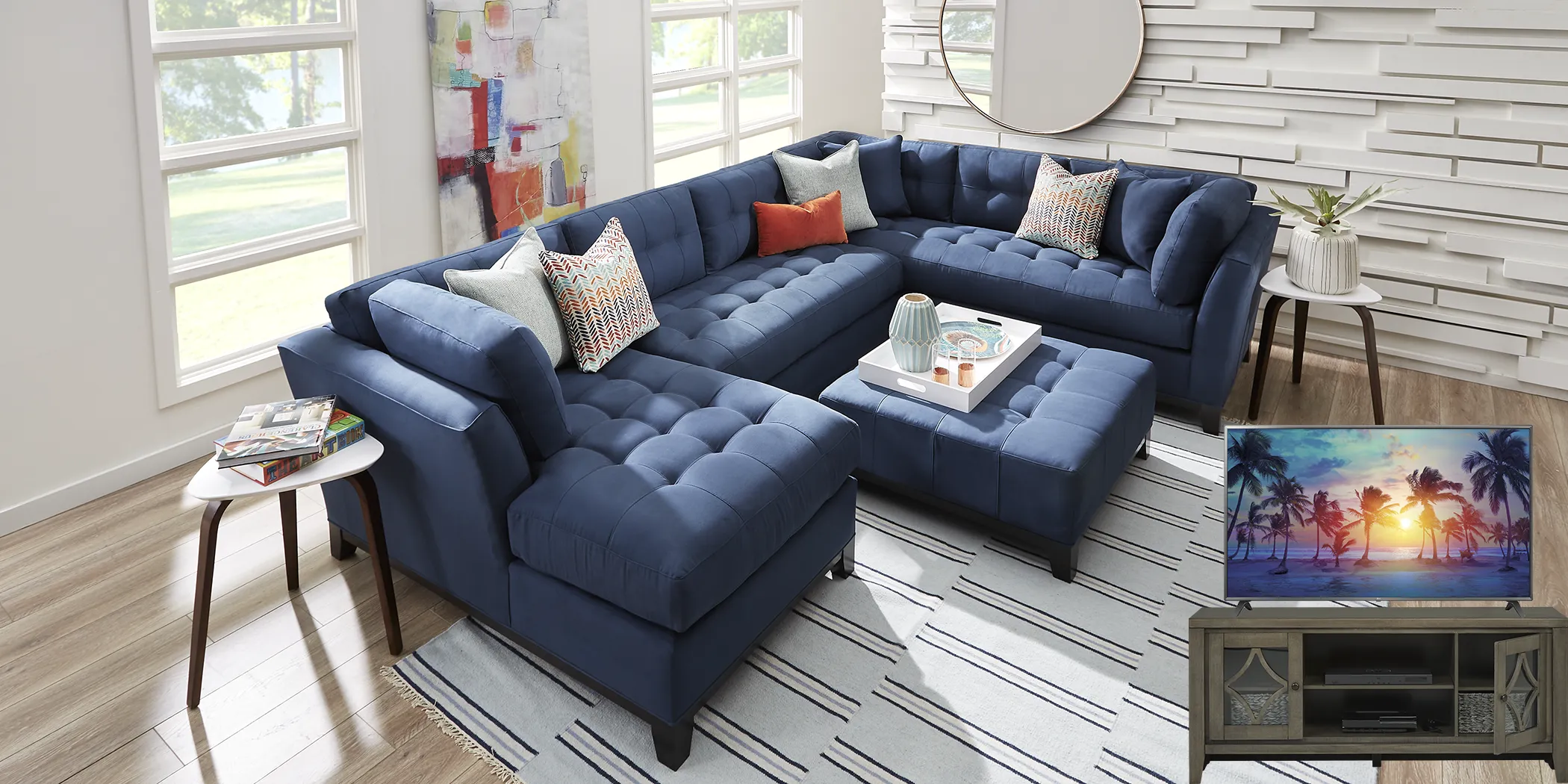 Cindy Crawford Home Metropolis Way Sapphire 5 Pc Sectional Living Room Plus 70 in. TV - Thumbnail - Image 1