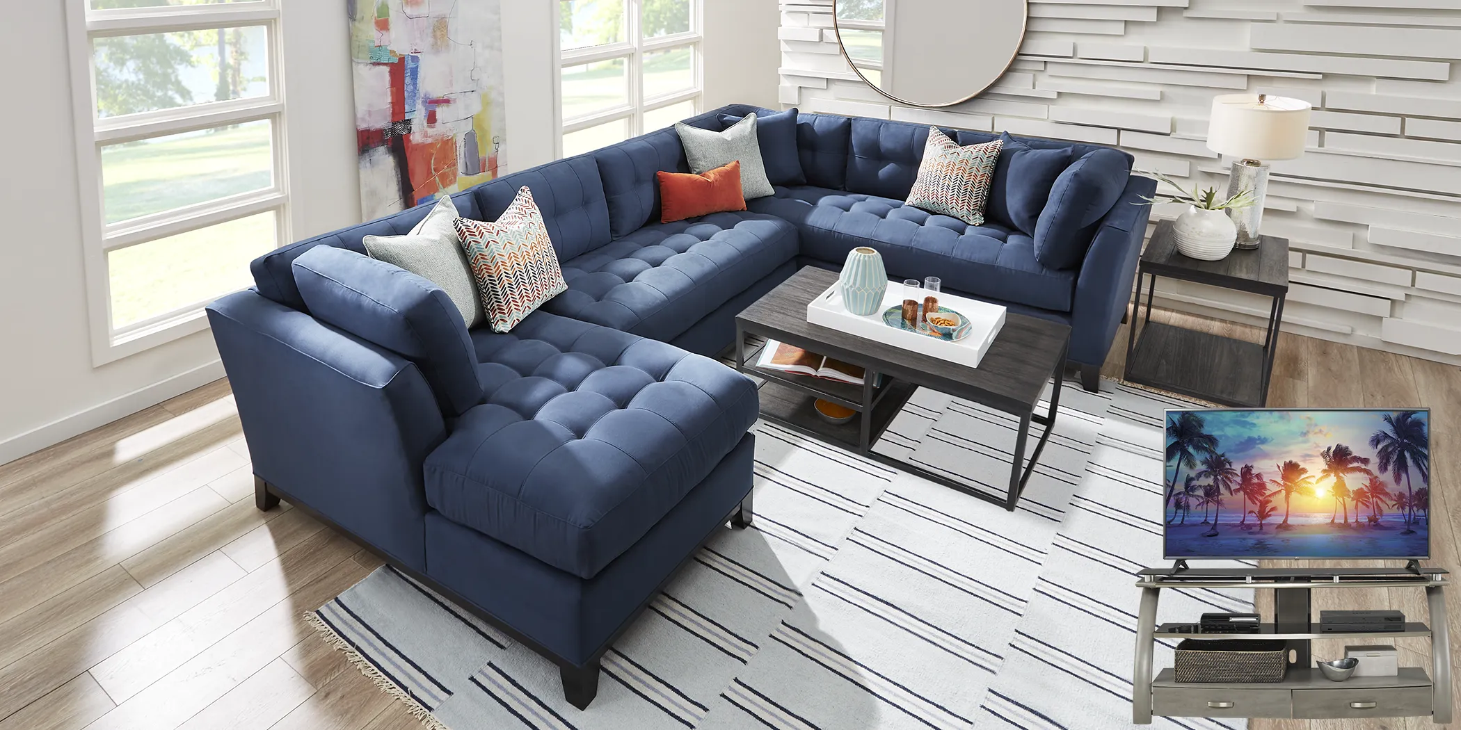 Cindy Crawford Home Metropolis Way Sapphire Microfiber 5 Pc Sectional Living Room Plus 70 in. TV - Thumbnail - Image 1