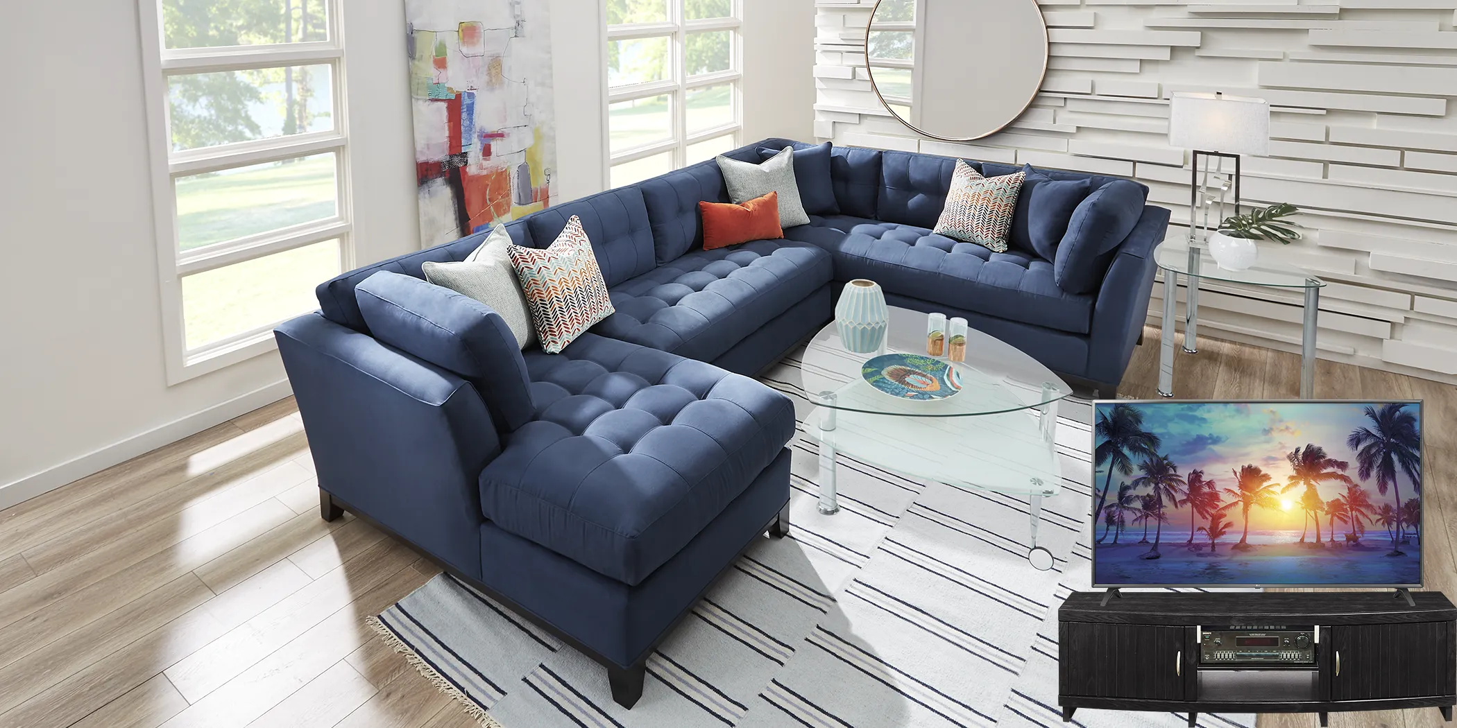 Cindy Crawford Home Metropolis Way Sapphire Microfiber 5 Pc Sectional Living Room Plus 70 in. TV - Thumbnail - Image 1