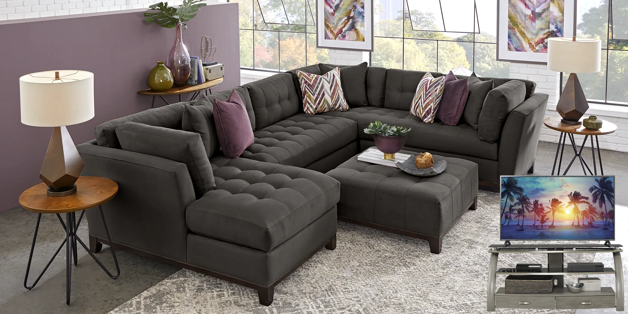 Cindy Crawford Home Metropolis Way Slate Microfiber 5 Pc Sectional Living Room Plus 70 in. TV - Thumbnail - Image 1
