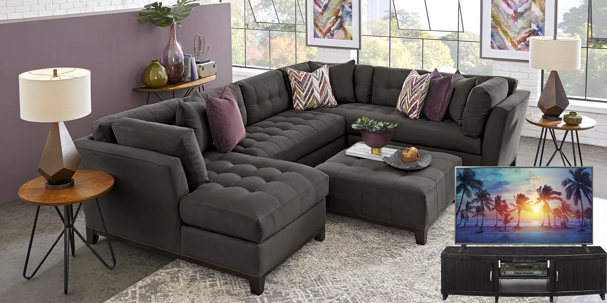 Cindy Crawford Home Metropolis Way Slate Microfiber 5 Pc Sectional Living Room Plus 70 in. TV - Thumbnail - Image 1