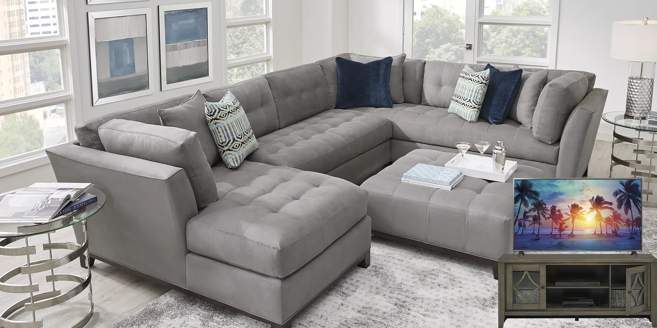 Cindy Crawford Home Metropolis Way Steel 5 Pc Sectional Living Room Plus 70 in. TV - Thumbnail - Image 1