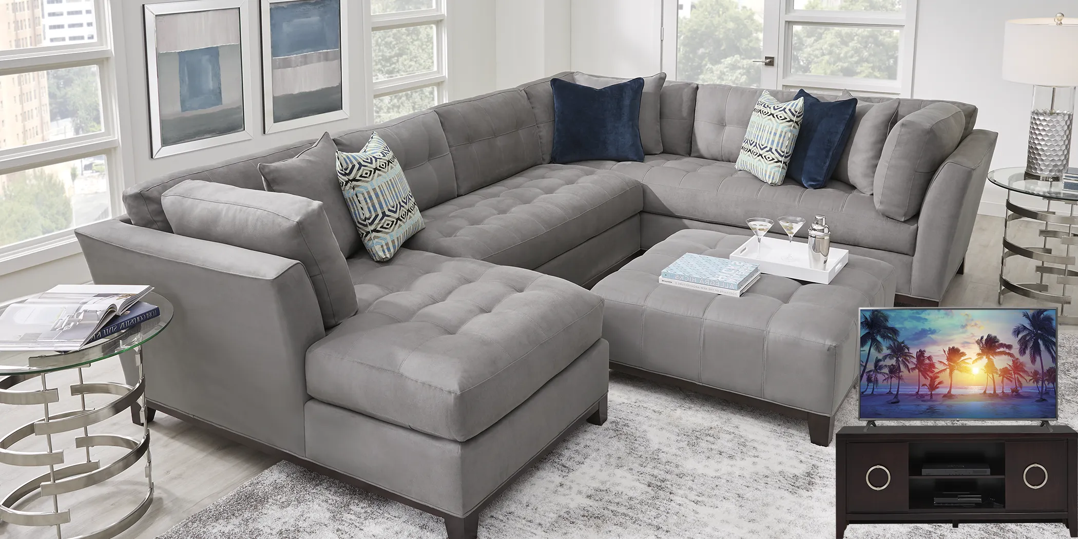 Cindy Crawford Home Metropolis Way Steel Microfiber 5 Pc Sectional Living Room Plus 70 in. TV - Thumbnail - Image 1