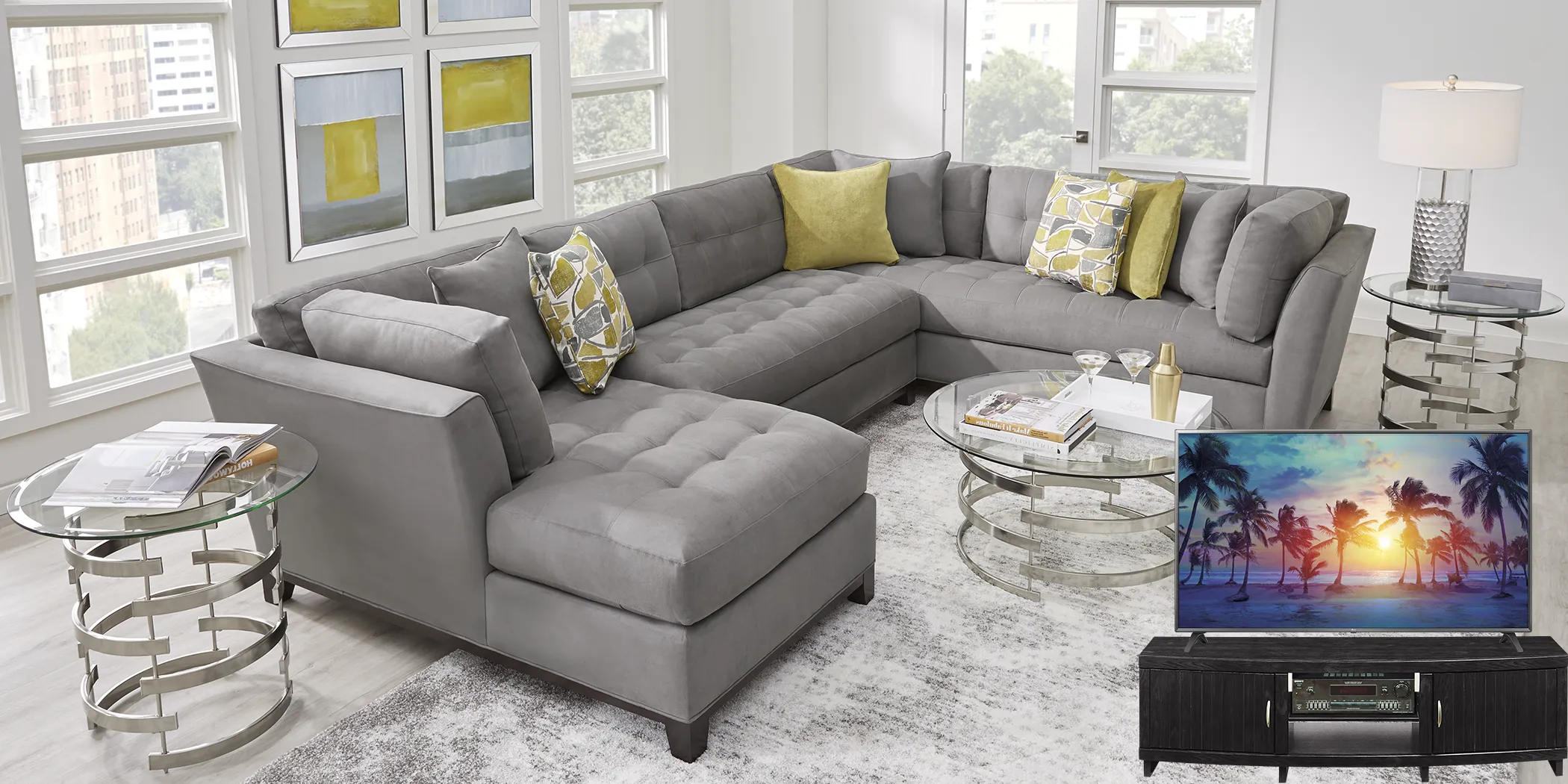 Cindy Crawford Home Metropolis Way Steel Microfiber 5 Pc Sectional Living Room Plus 70 in. TV - Thumbnail - Image 1