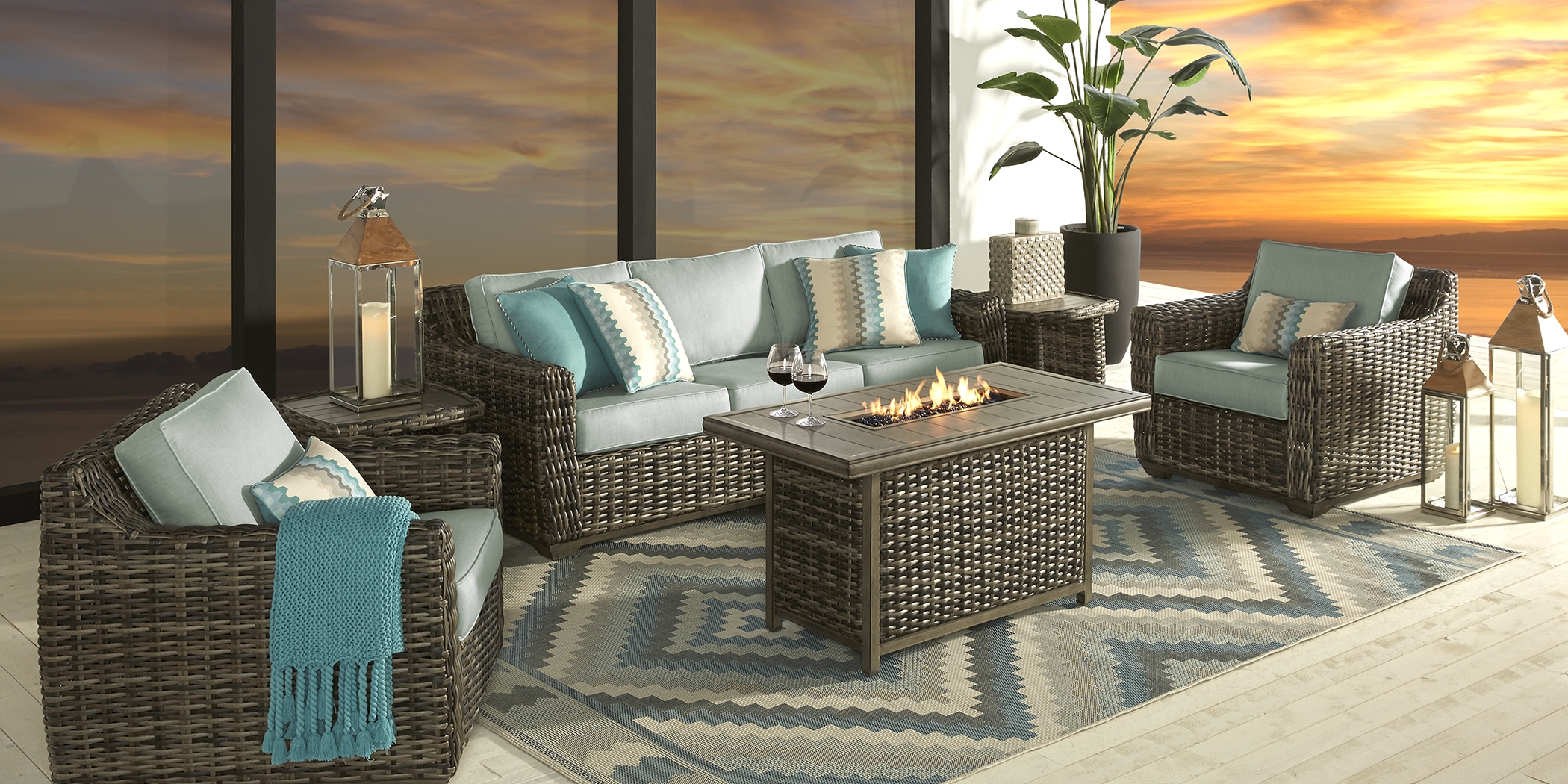 Cindy Crawford Home Montecello Gray 3 Pc Fire Pit Set with Seafoam Cushions - Thumbnail - Image 1