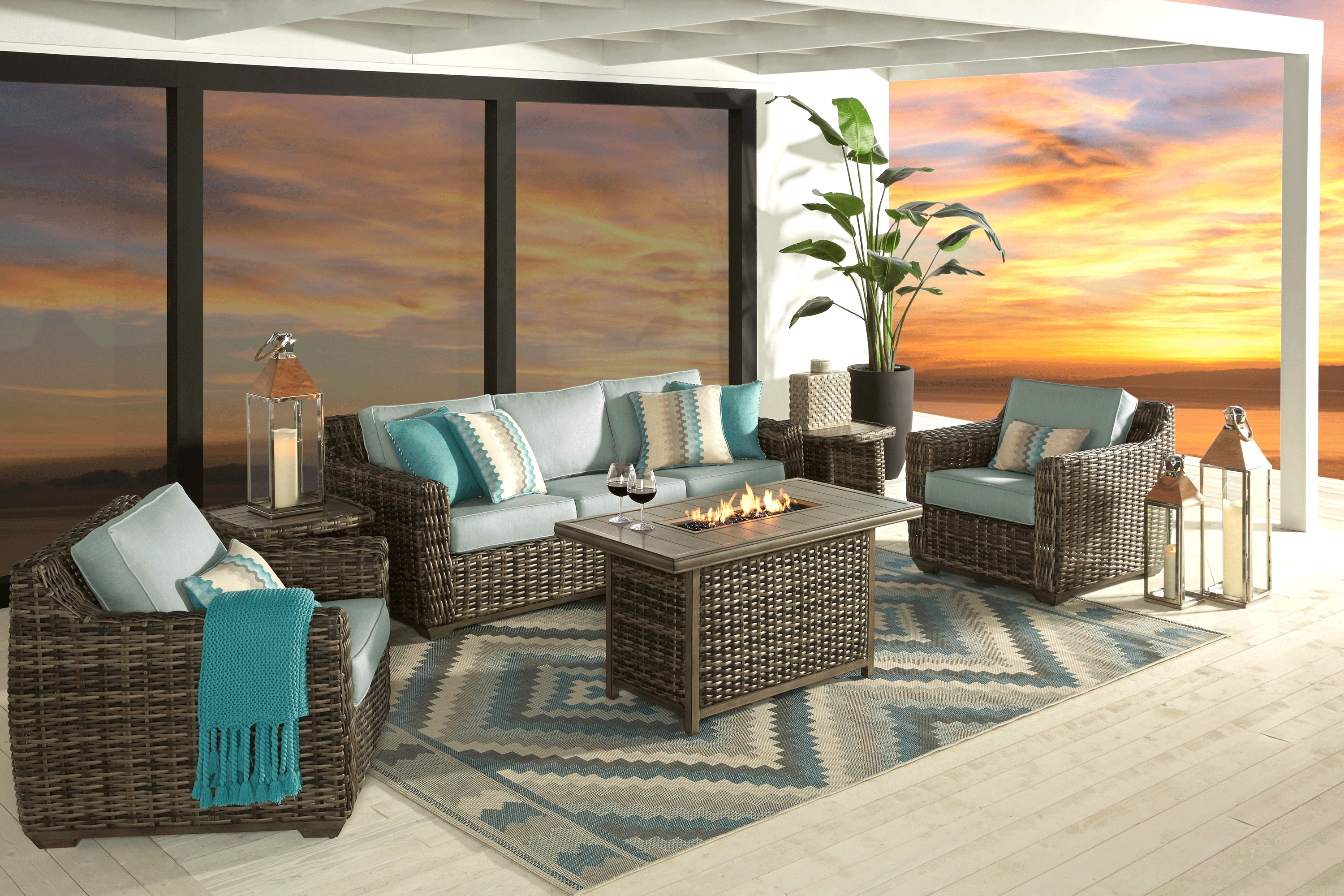 Cindy Crawford Home Montecello Gray 4 Pc Fire Pit Set with Seafoam Cushions - Thumbnail - Image 1