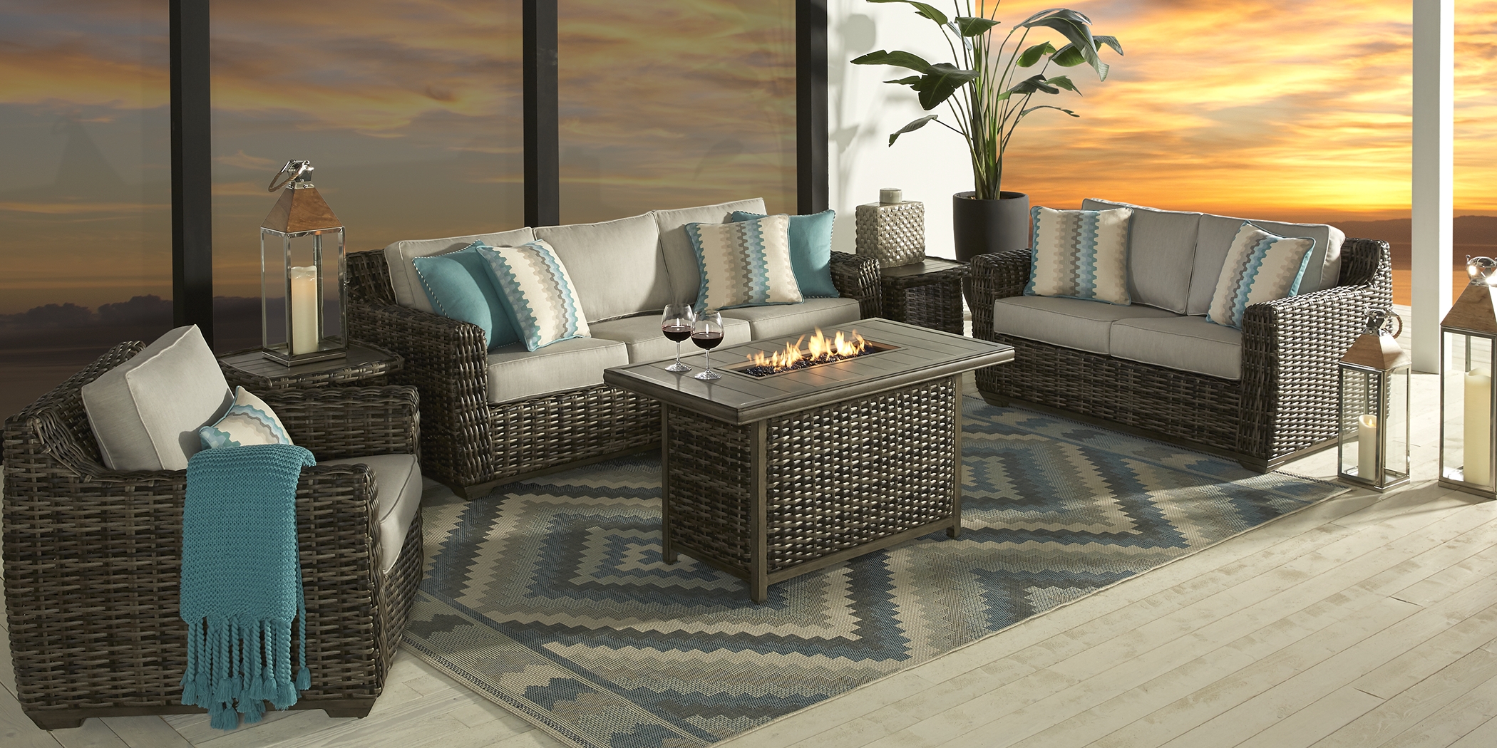 Cindy Crawford Home Montecello Gray 4 Pc Fire Pit Set with Silver Cushions - Thumbnail - Image 1