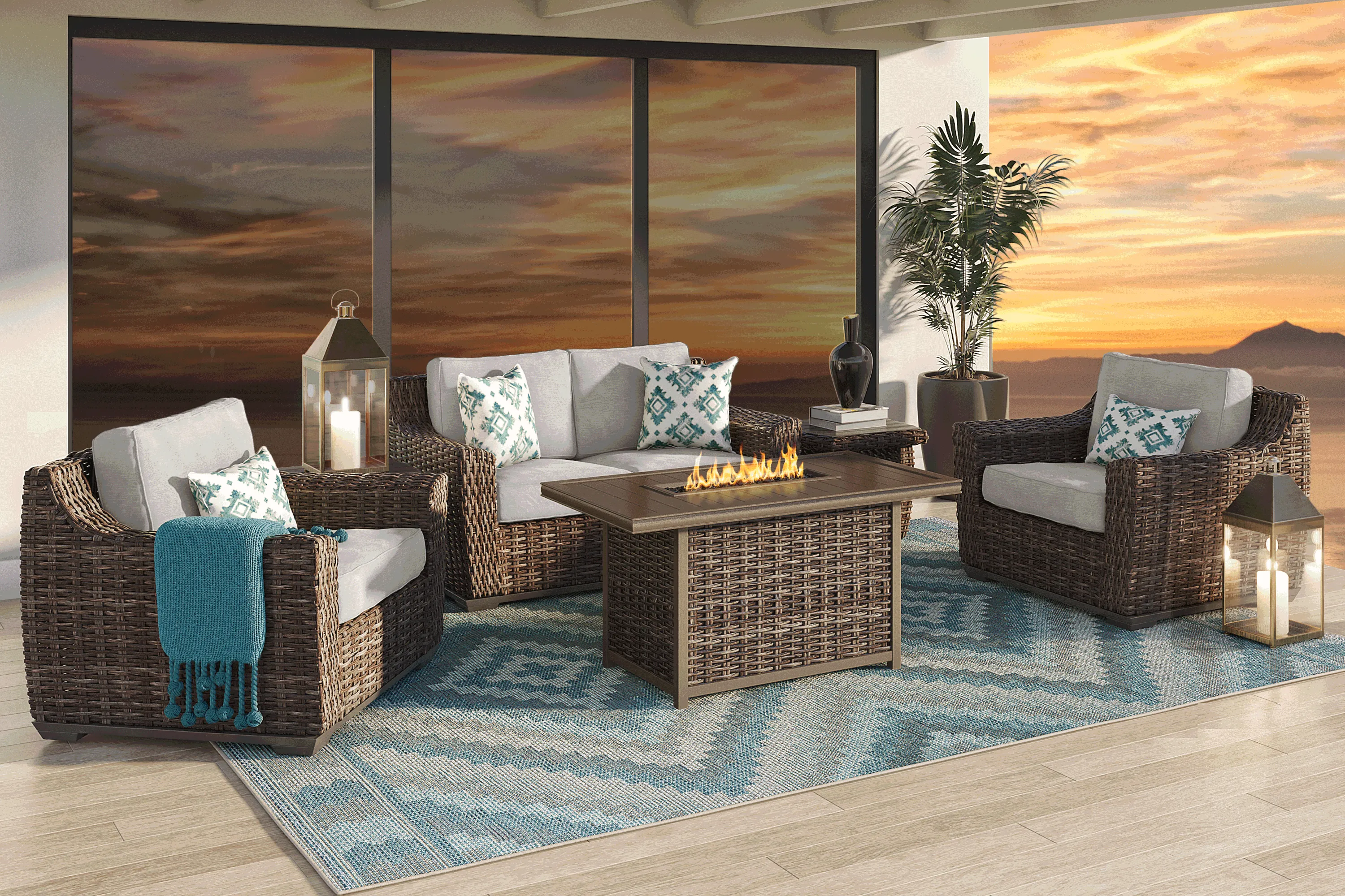 Cindy Crawford Home Montecello Gray 4 Pc Fire Pit Set with Silver Cushions - Thumbnail - Image 1