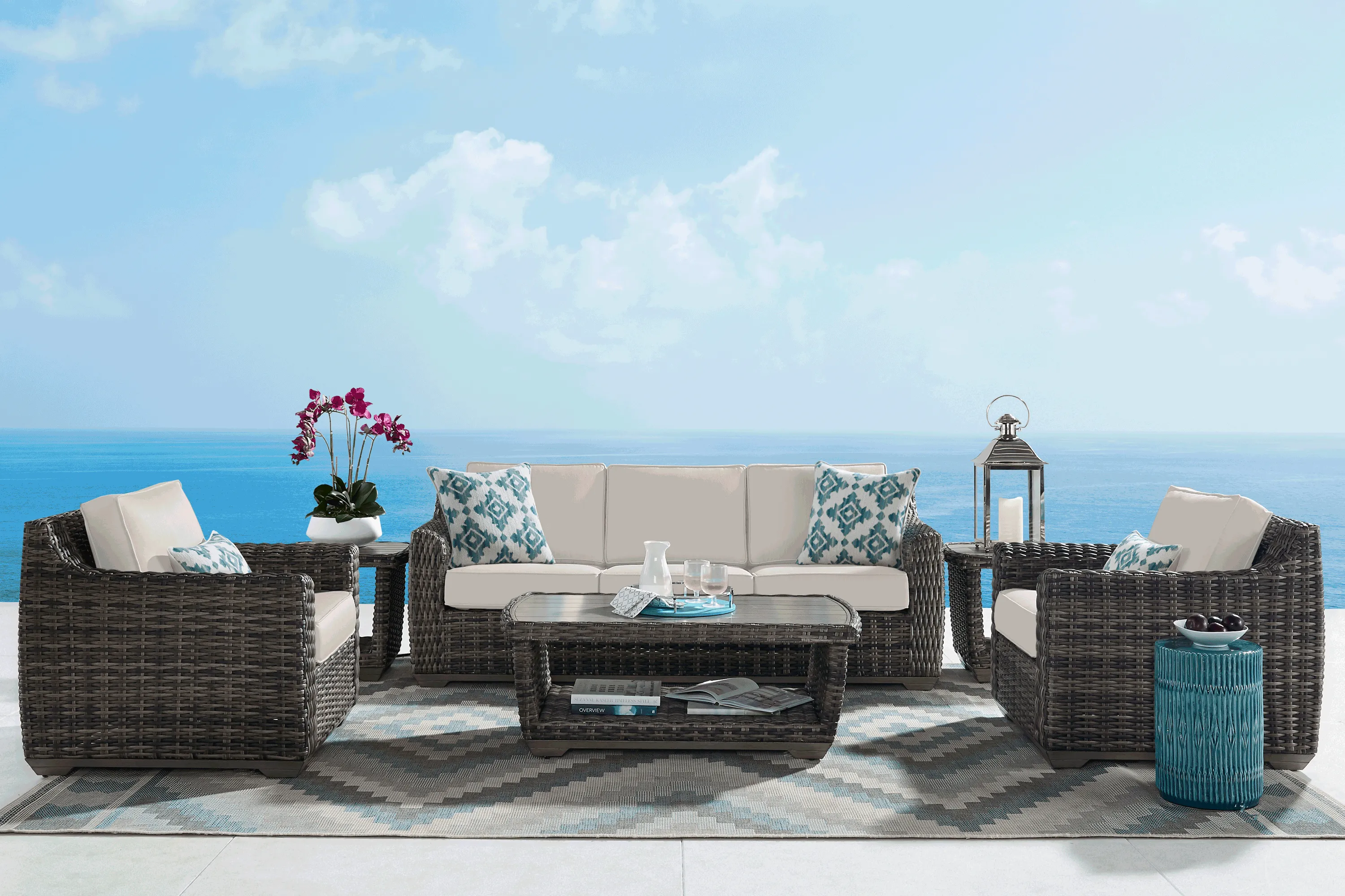 Cindy Crawford Home Montecello Gray Outdoor Sofa with Rollo Linen Cushions - Thumbnail - Image 2