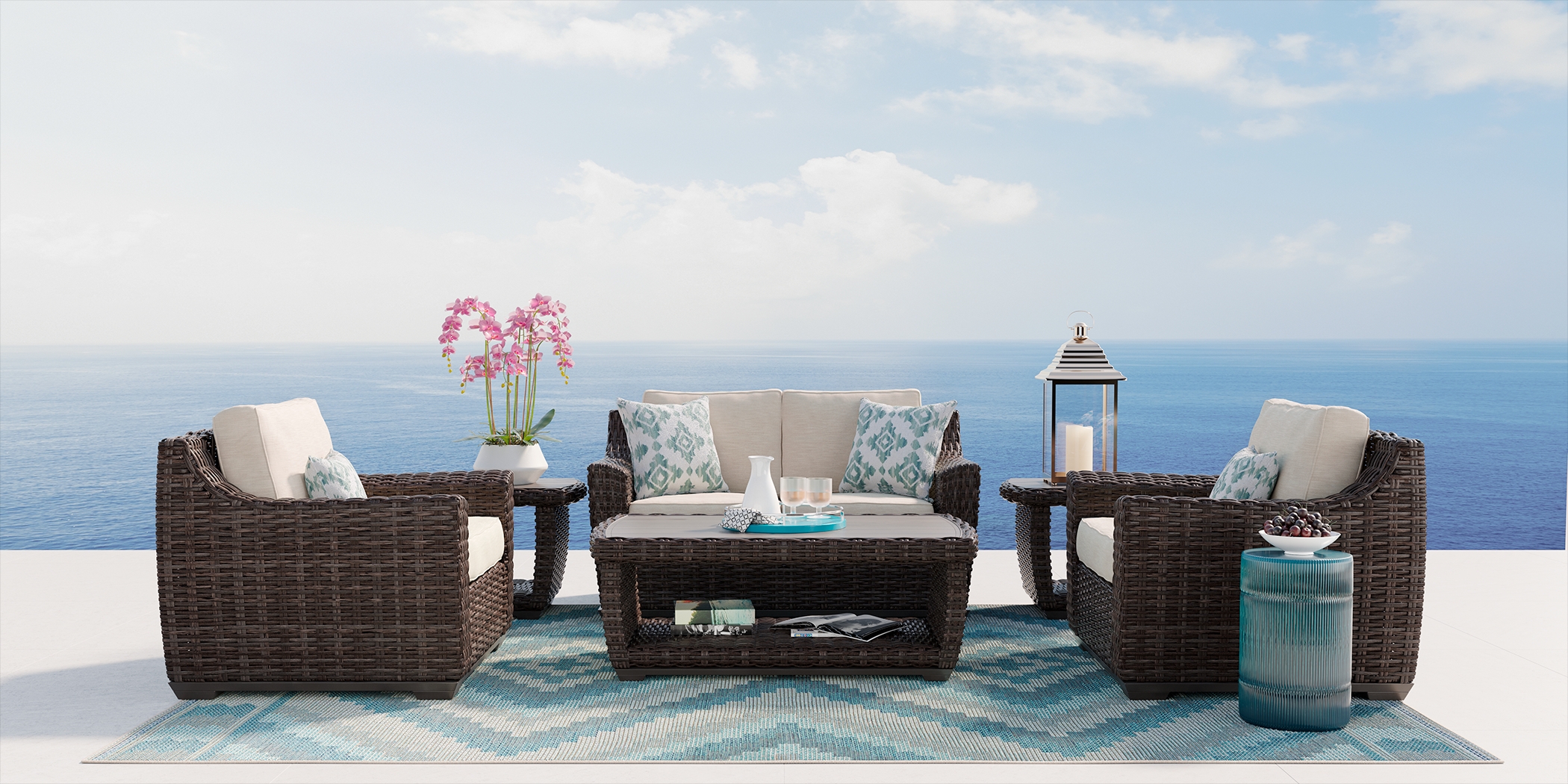 Cindy Crawford Home Montecello Gray 4 Pc Outdoor Seating Set with Rollo Linen Cushions - Thumbnail - Image 1