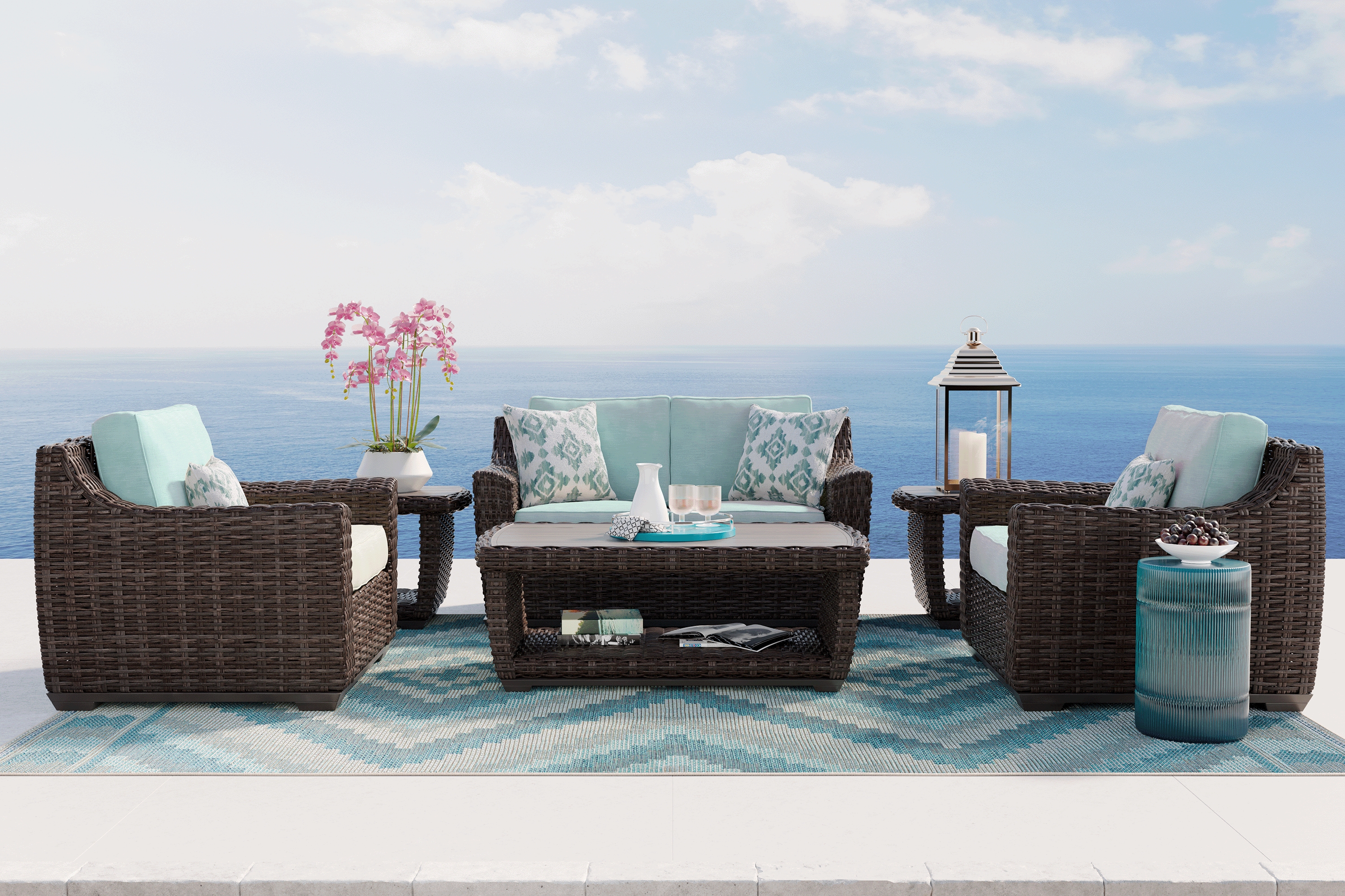 Montecello Gray 4 Pc Outdoor Seating Set with Mist Cushions - Thumbnail - Image 1