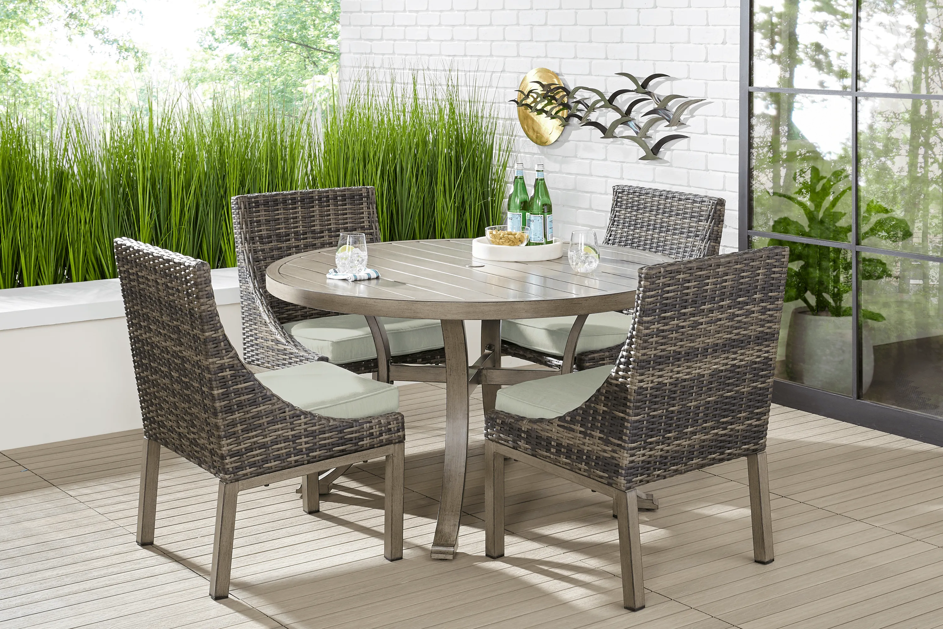 Montecello Gray 5 Pc 52 in. Round Outdoor Dining Set with Rollo Mist Cushions - Thumbnail - Image 1