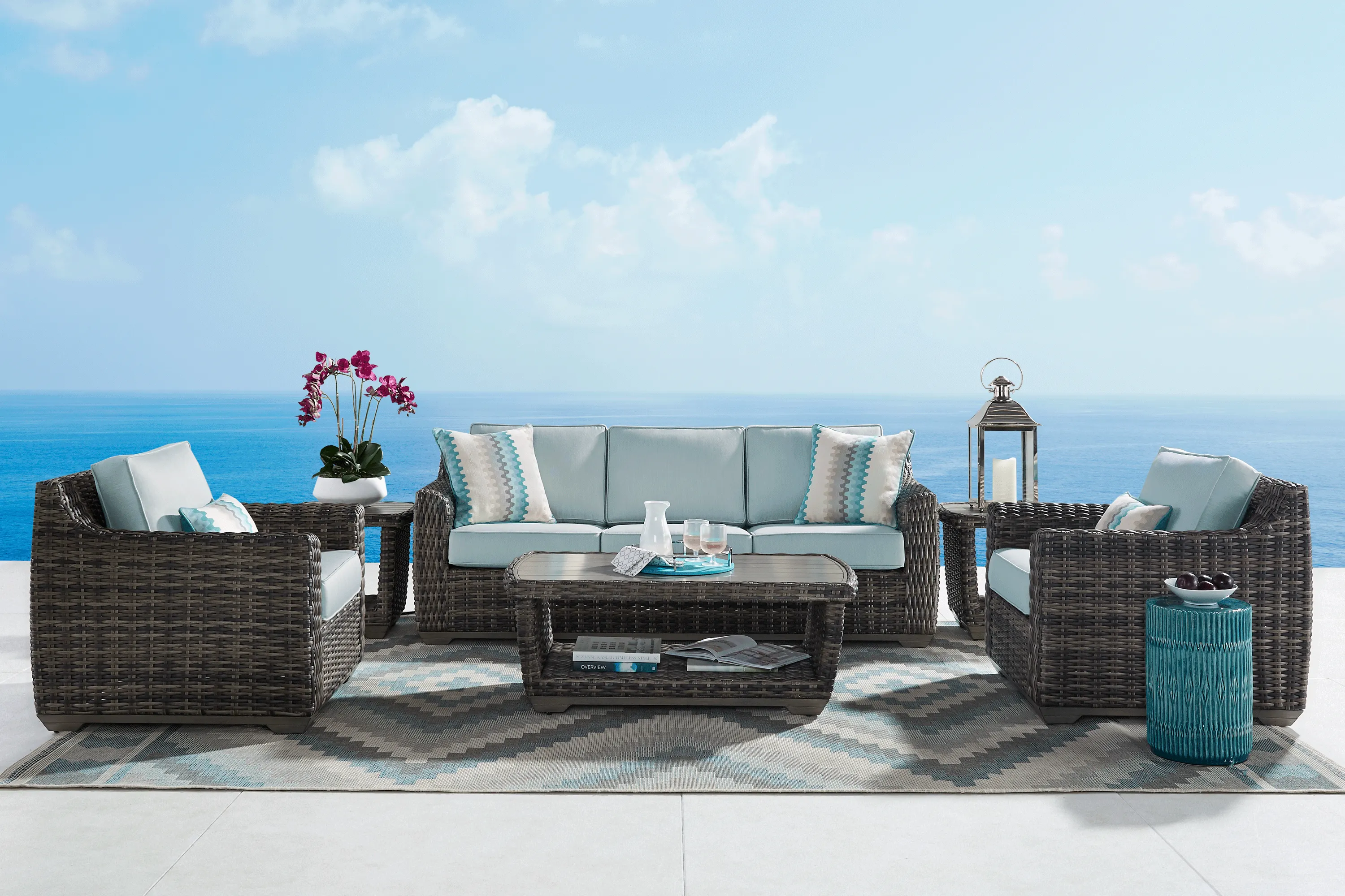 Cindy Crawford Home Montecello Gray 6 Pc Outdoor Seating Set with Seafoam Cushions - Thumbnail - Image 1