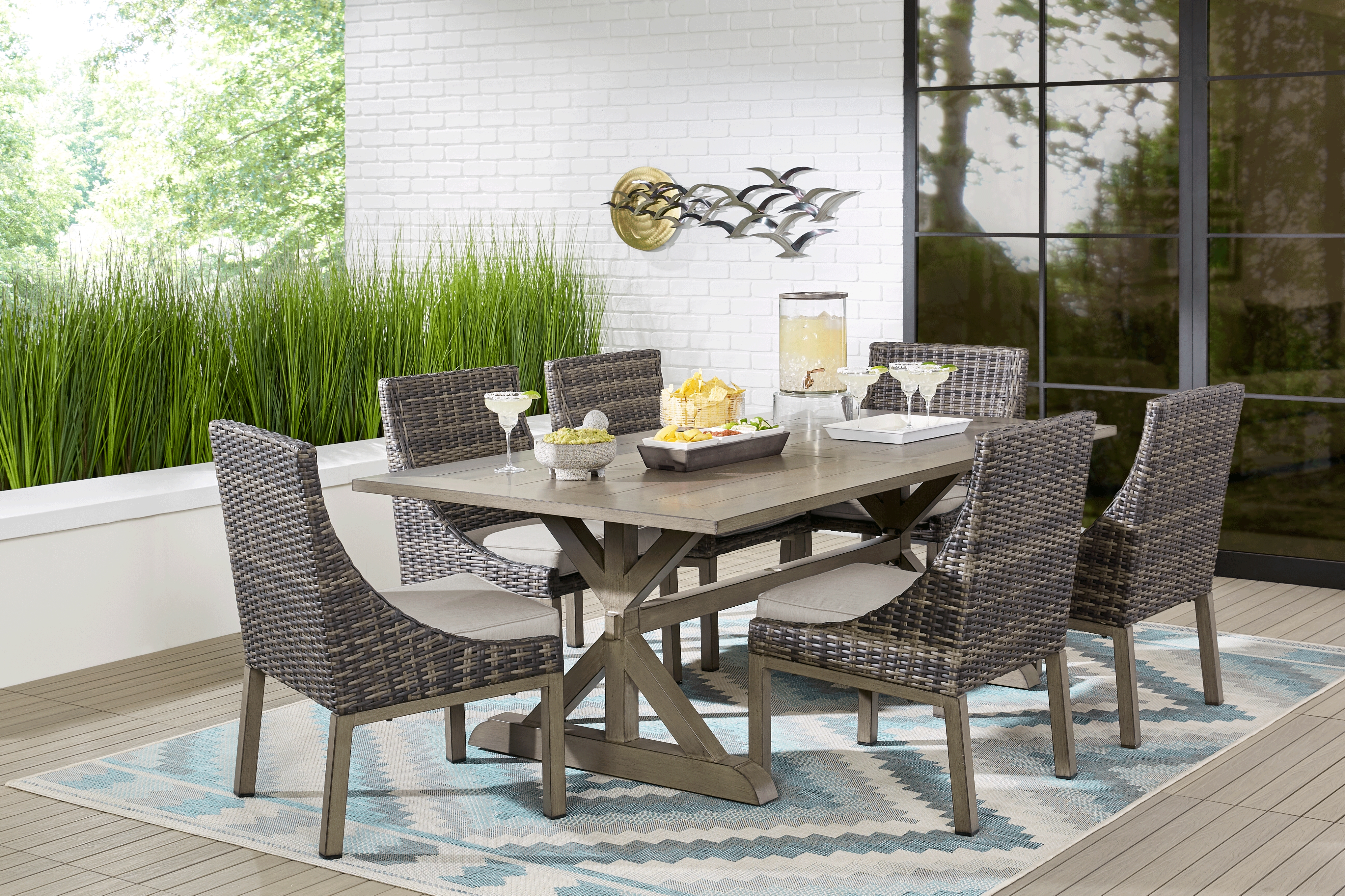 Montecello Gray 7 Pc 105 in. Rectangle Outdoor Dining Set with Silver Cushions - Thumbnail - Image 1