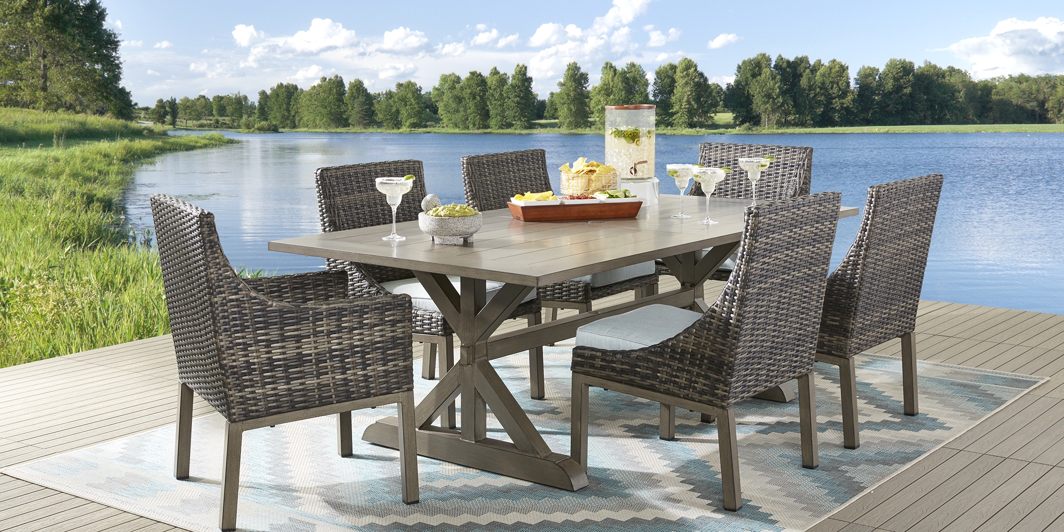 Montecello Gray 7 Pc 84 in. Rectangle Outdoor Dining Set with Mist Cushions - Thumbnail - Image 2