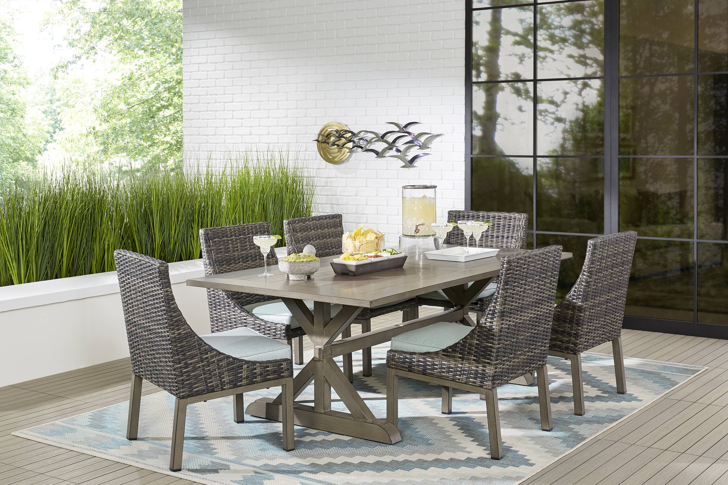 Montecello Gray 7 Pc 84 in. Rectangle Outdoor Dining Set with Mist Cushions - Thumbnail - Image 1