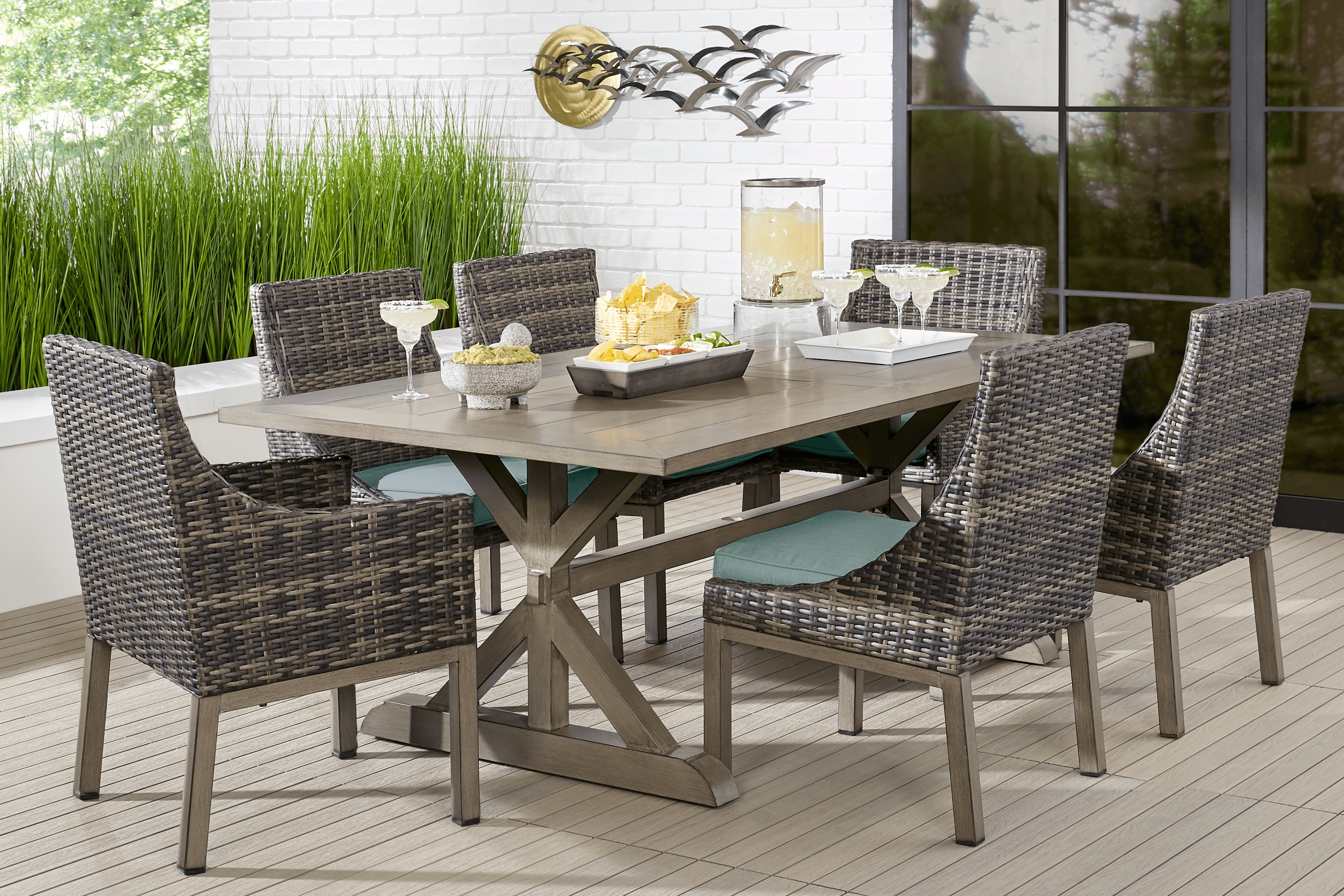 Montecello Gray 7 Pc 84 in. Rectangle Outdoor Dining Set with Mist Cushions - Thumbnail - Image 1