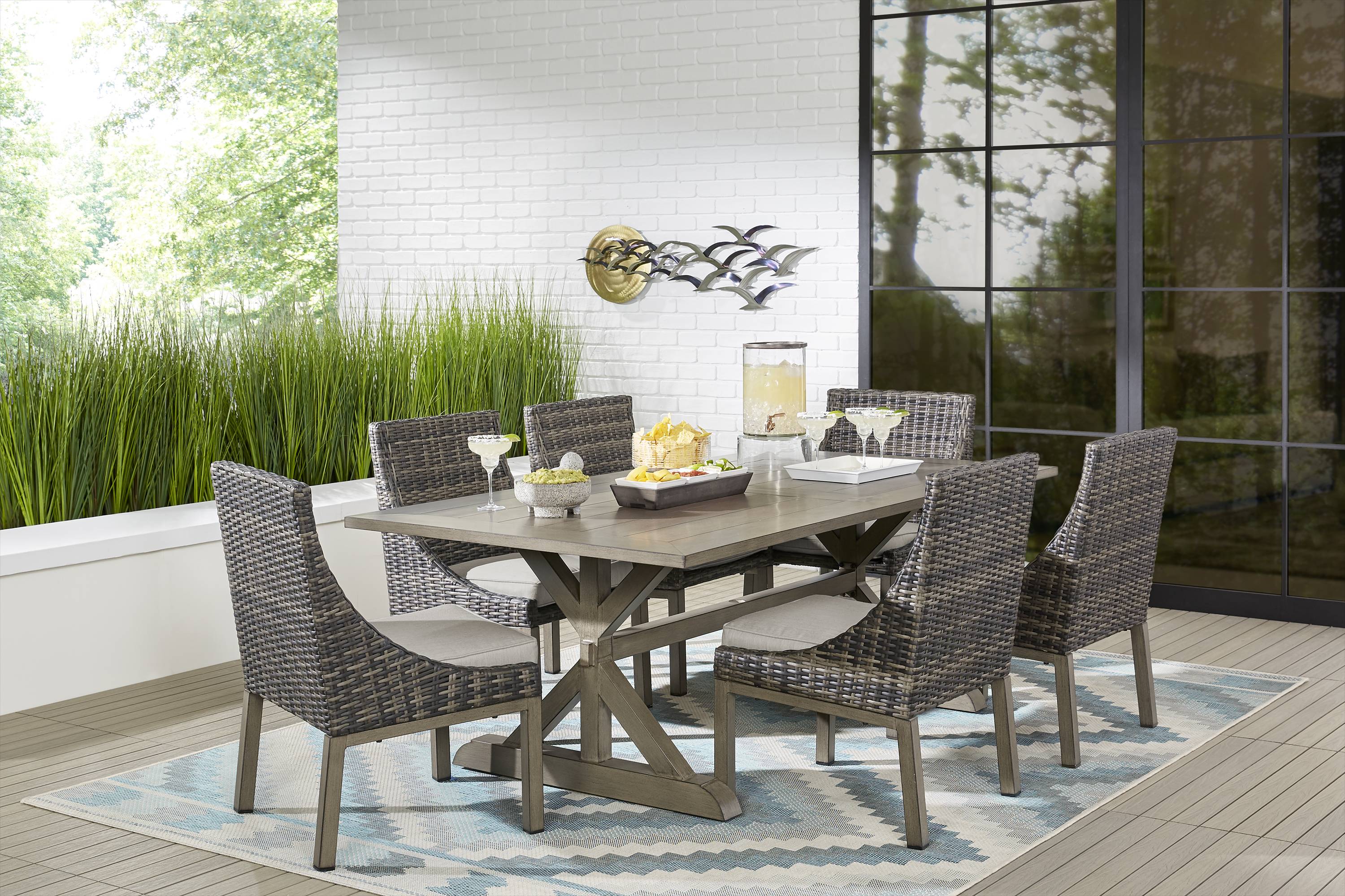 Montecello Gray 7 Pc 84 in. Rectangle Outdoor Dining Set with Silver Cushions - Thumbnail - Image 1