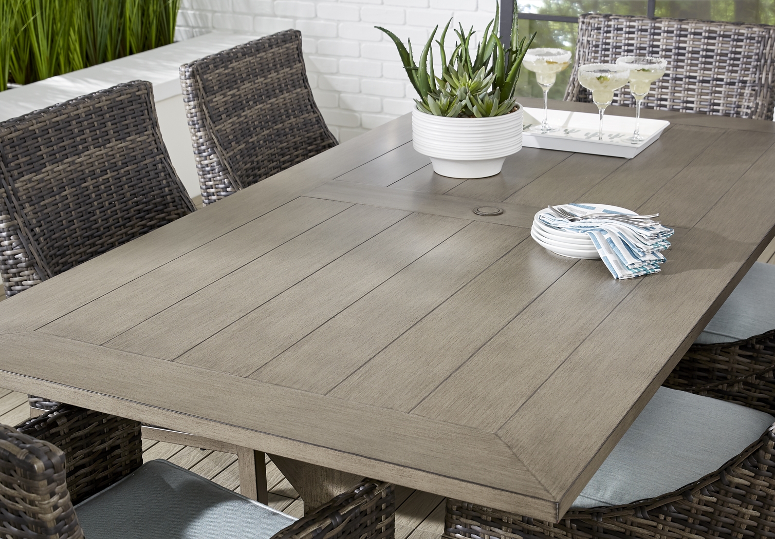 Montecello Gray 7 Pc Rectangle Outdoor Dining Set with Rollo Mist Cushions - Thumbnail - Image 5