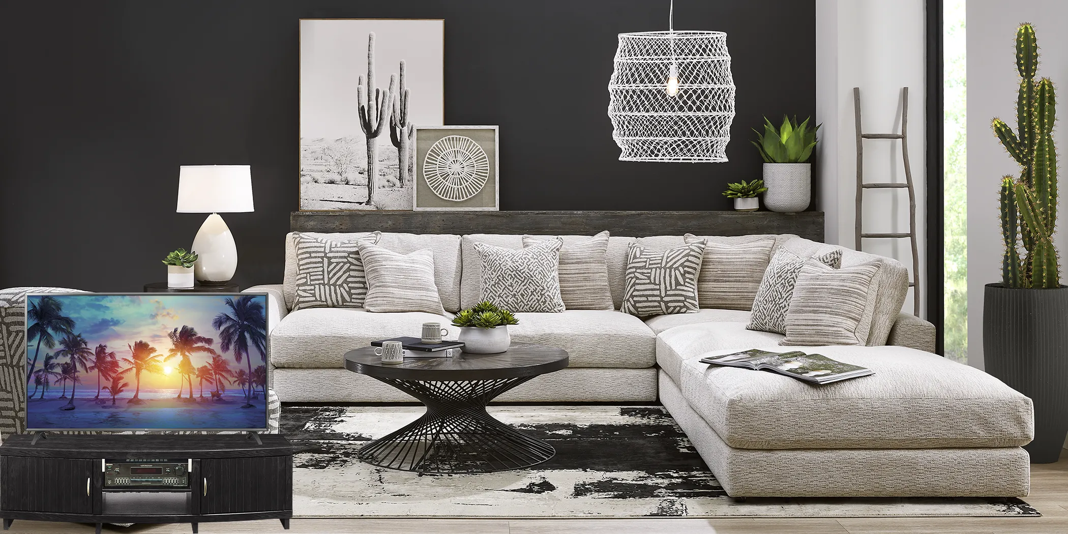 Cindy Crawford Home Monterey Park Off-White 6 Pc Sectional Living Room Plus 70 in. TV - Thumbnail - Image 1