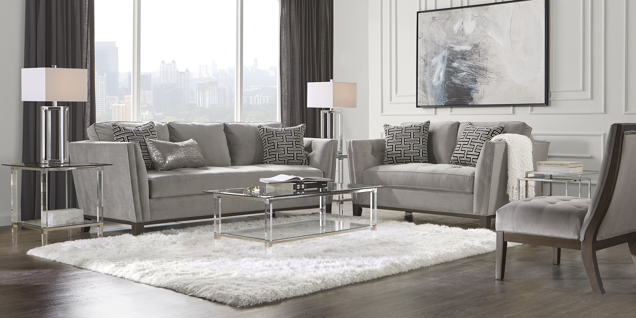 Cindy Crawford Home Park Boulevard Smoke Plush 8 Pc Living Room - Thumbnail - Image 1