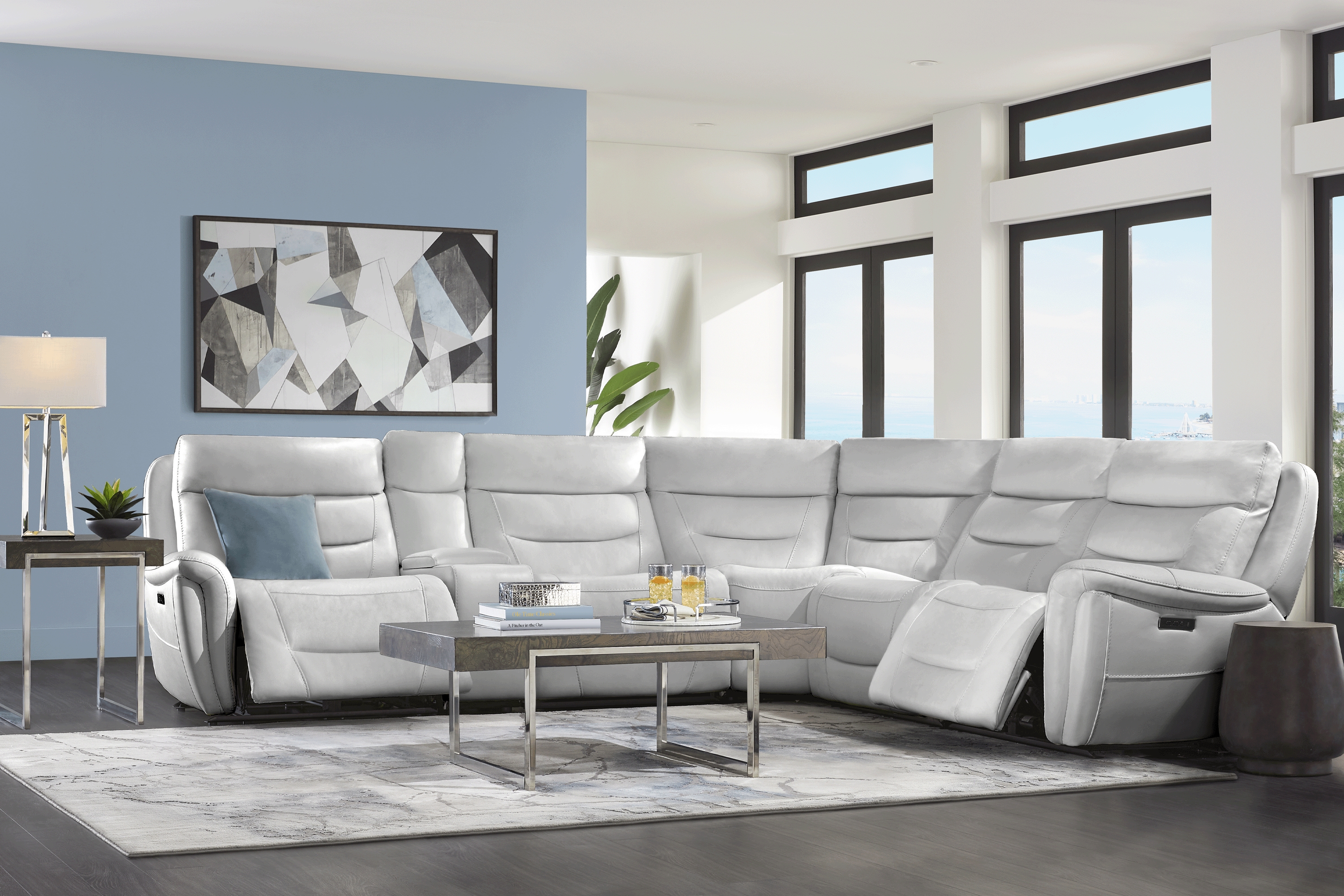 Regis Park Gray Leather 9 Pc Dual Power Reclining Sectional Living Room - Thumbnail - Image 1