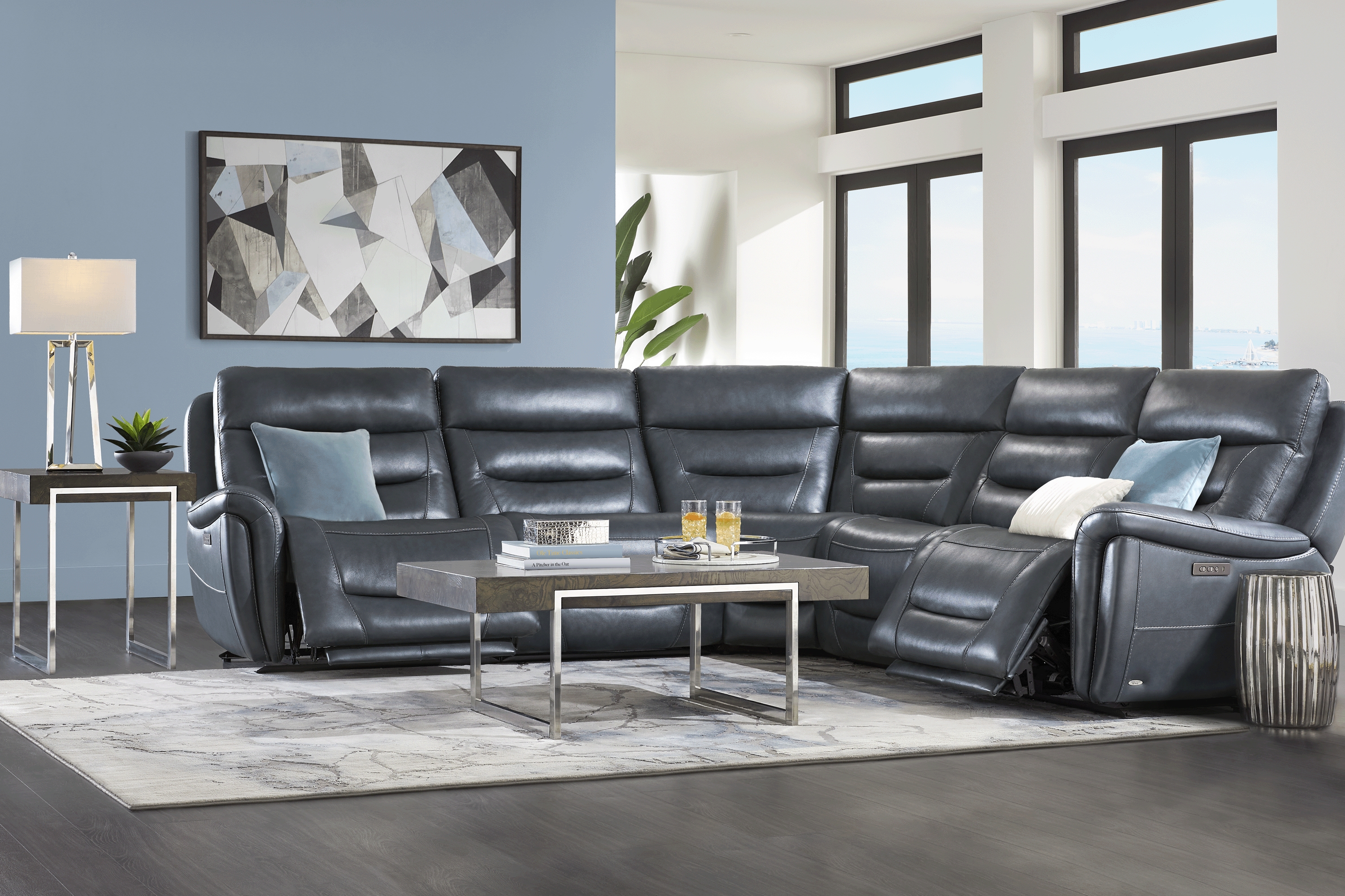 Regis Park Midnight Leather 5 Pc Dual Power Reclining Sectional - Thumbnail - Image 2