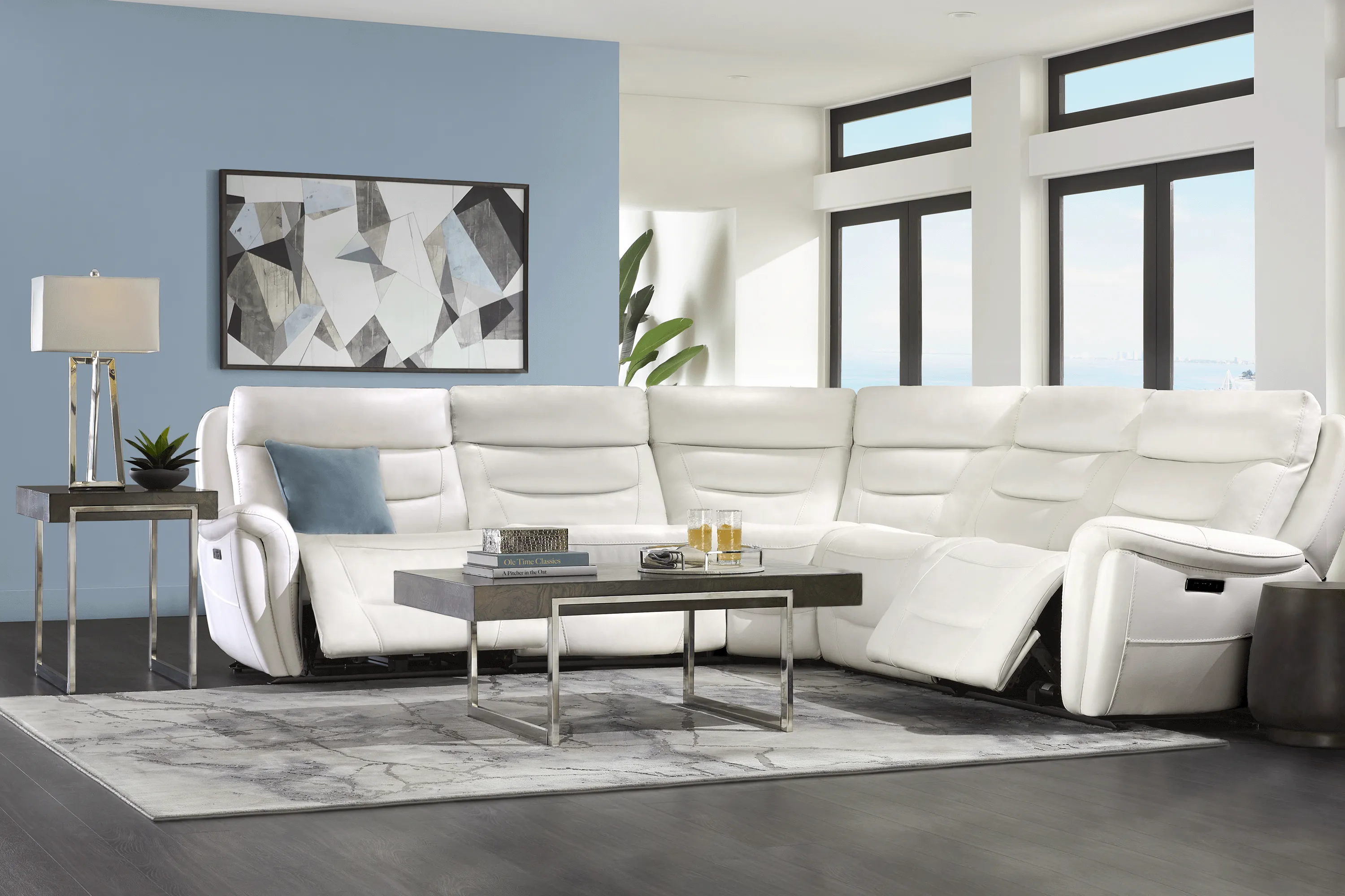 Regis Park White Leather 5 Pc Dual Power Reclining Sectional - Thumbnail - Image 2
