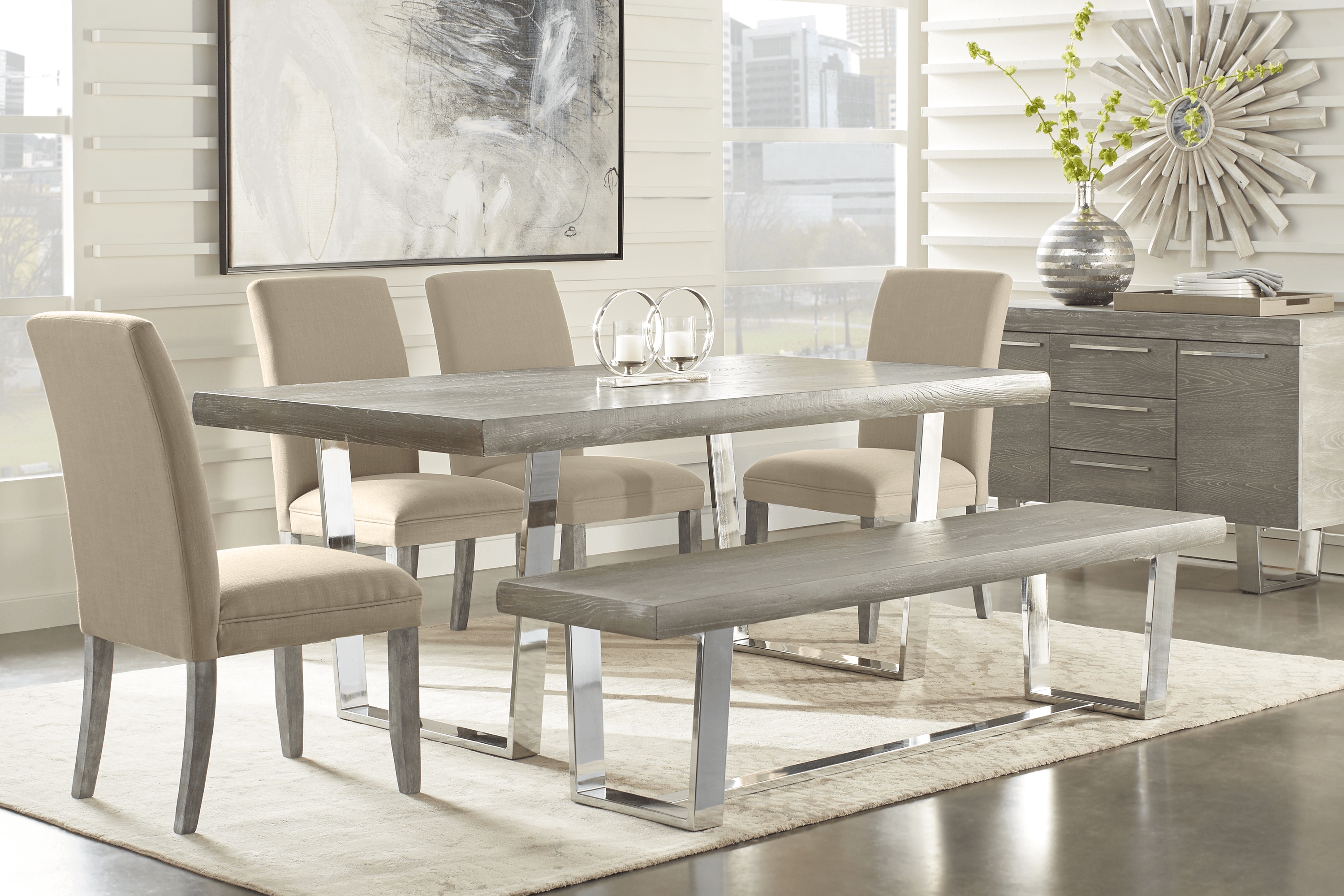 San Francisco Gray 6 Pc Dining Room with Bench and Brown Side Chairs - Thumbnail - Image 1