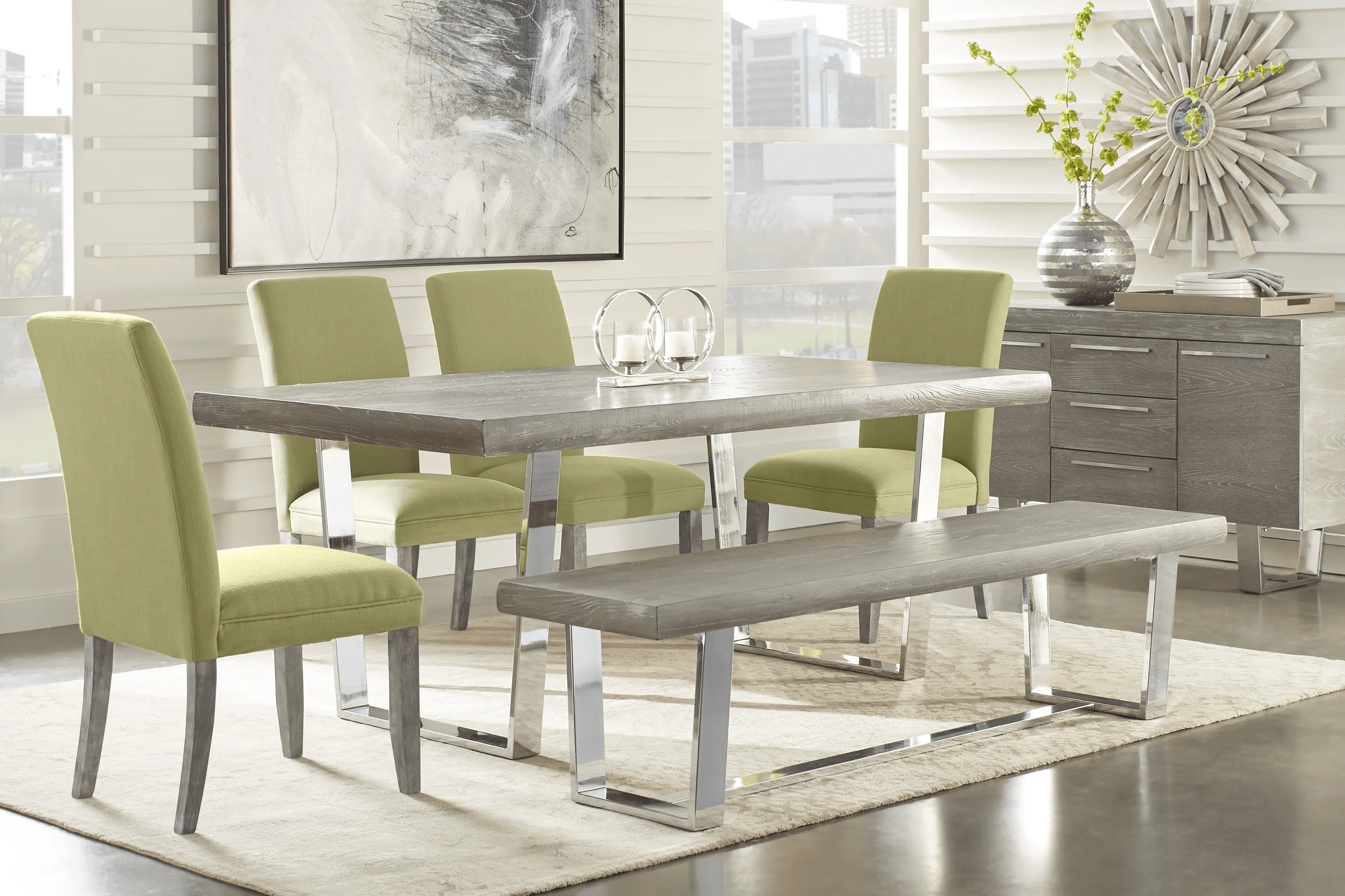 San Francisco Gray 6 Pc Dining Room with Bench and Kiwi Side Chairs - Thumbnail - Image 1
