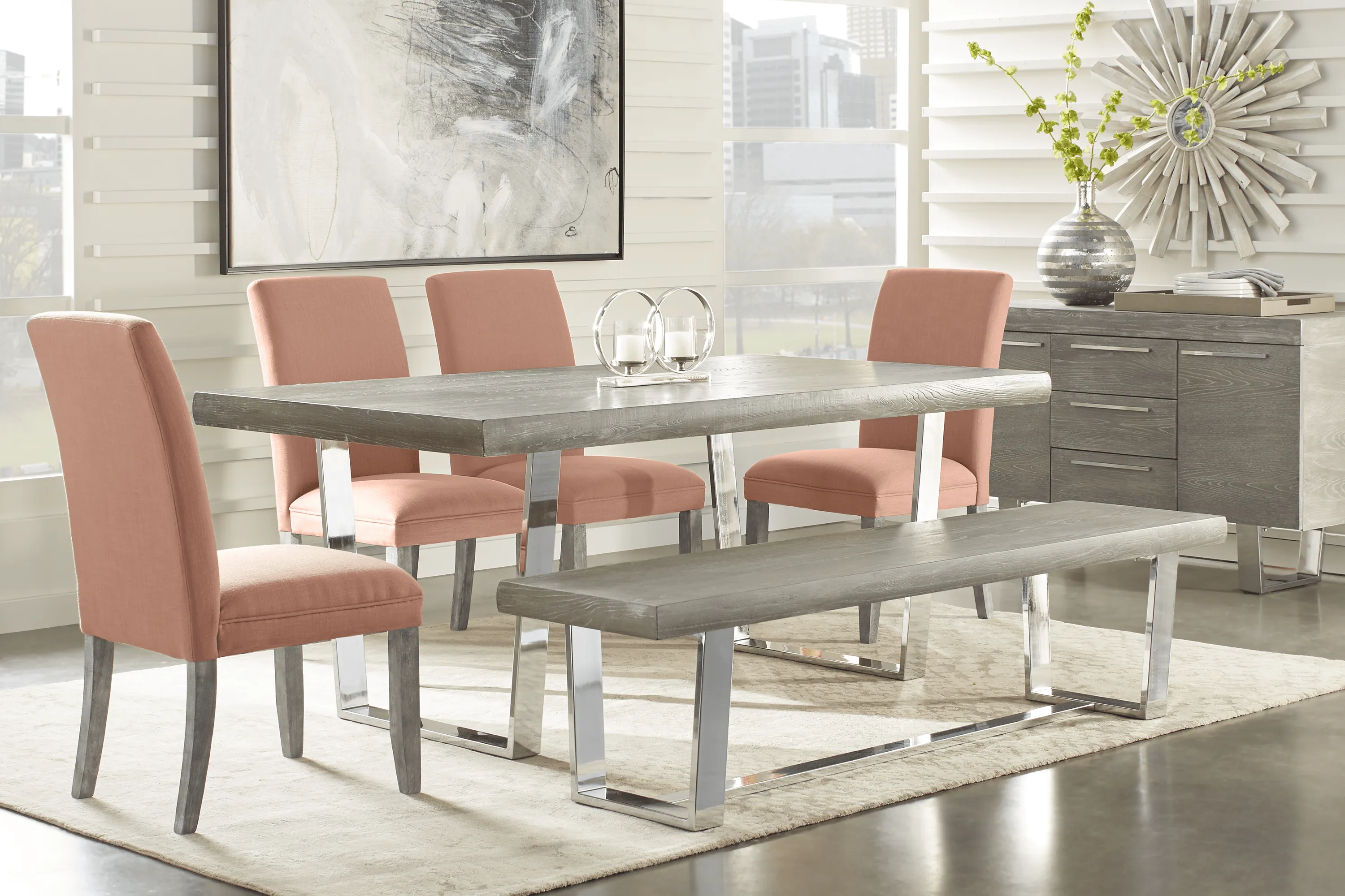 San Francisco Gray 6 Pc Dining Room with Bench and Orange Side Chairs - Thumbnail - Image 1