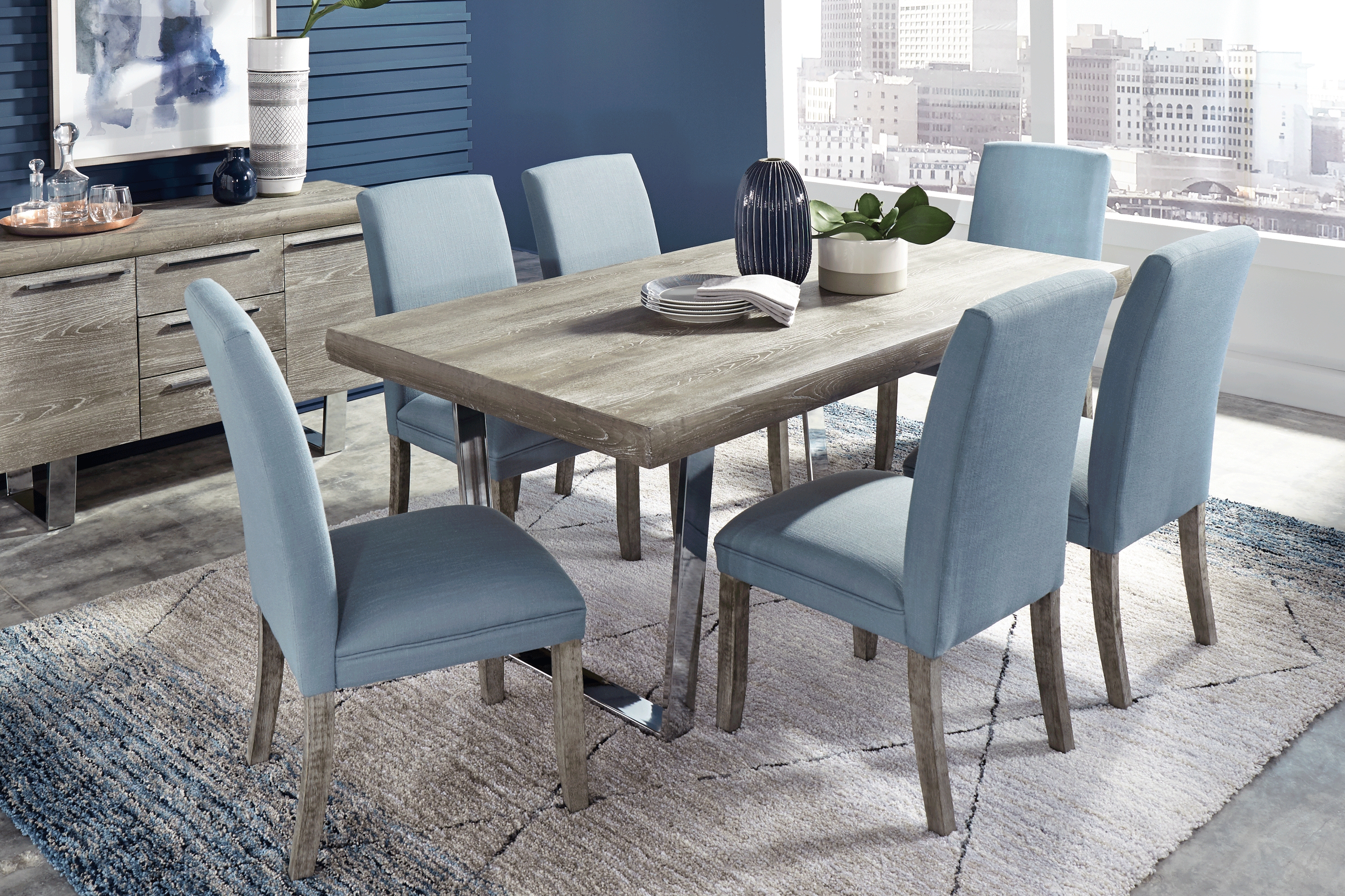 San Francisco Gray 7 Pc Dining Room with Blue Chairs - Thumbnail - Image 1