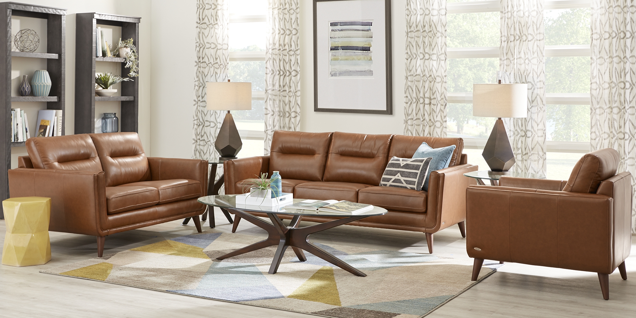 Cindy Crawford Home San Salerno Saddle Leather 7 Pc Living Room - Thumbnail - Image 1