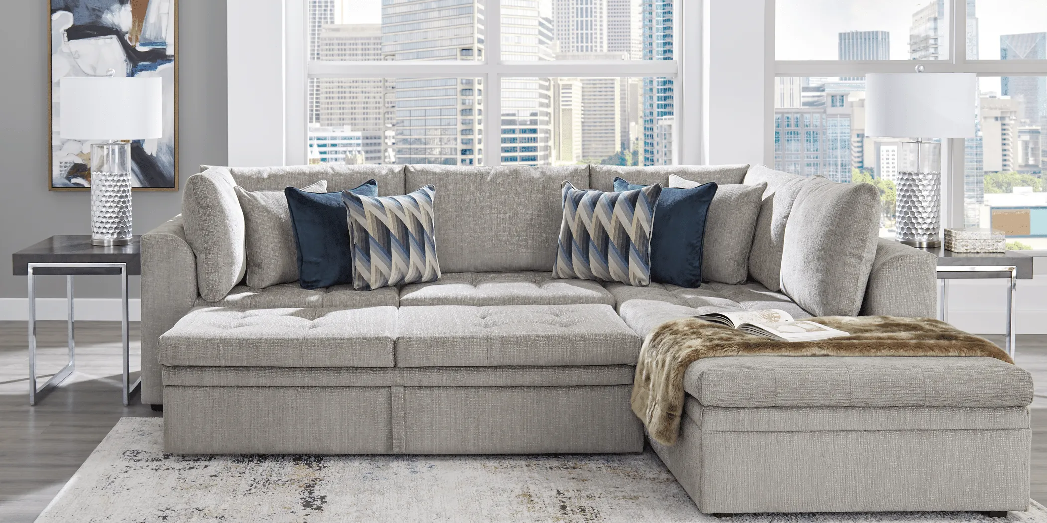 Cindy Crawford Home Sheridan Square Gray 5 Pc Sleeper Sectional Living Room - Thumbnail - Image 2