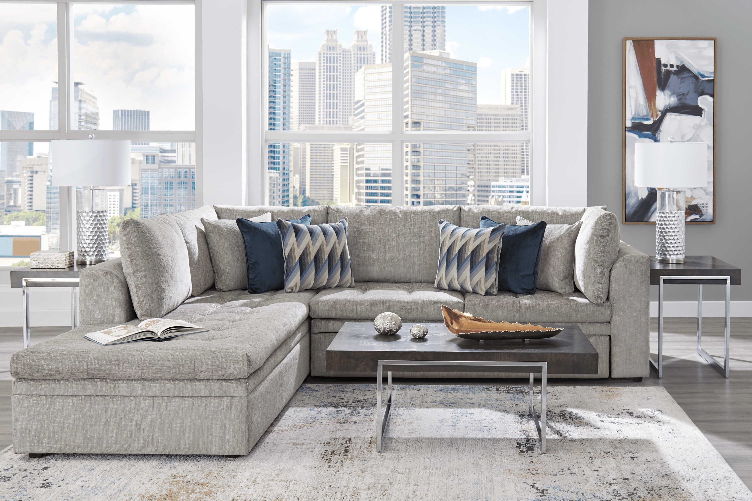 Cindy Crawford Home Sheridan Square Gray 5 Pc Sleeper Sectional Living Room - Thumbnail - Image 1