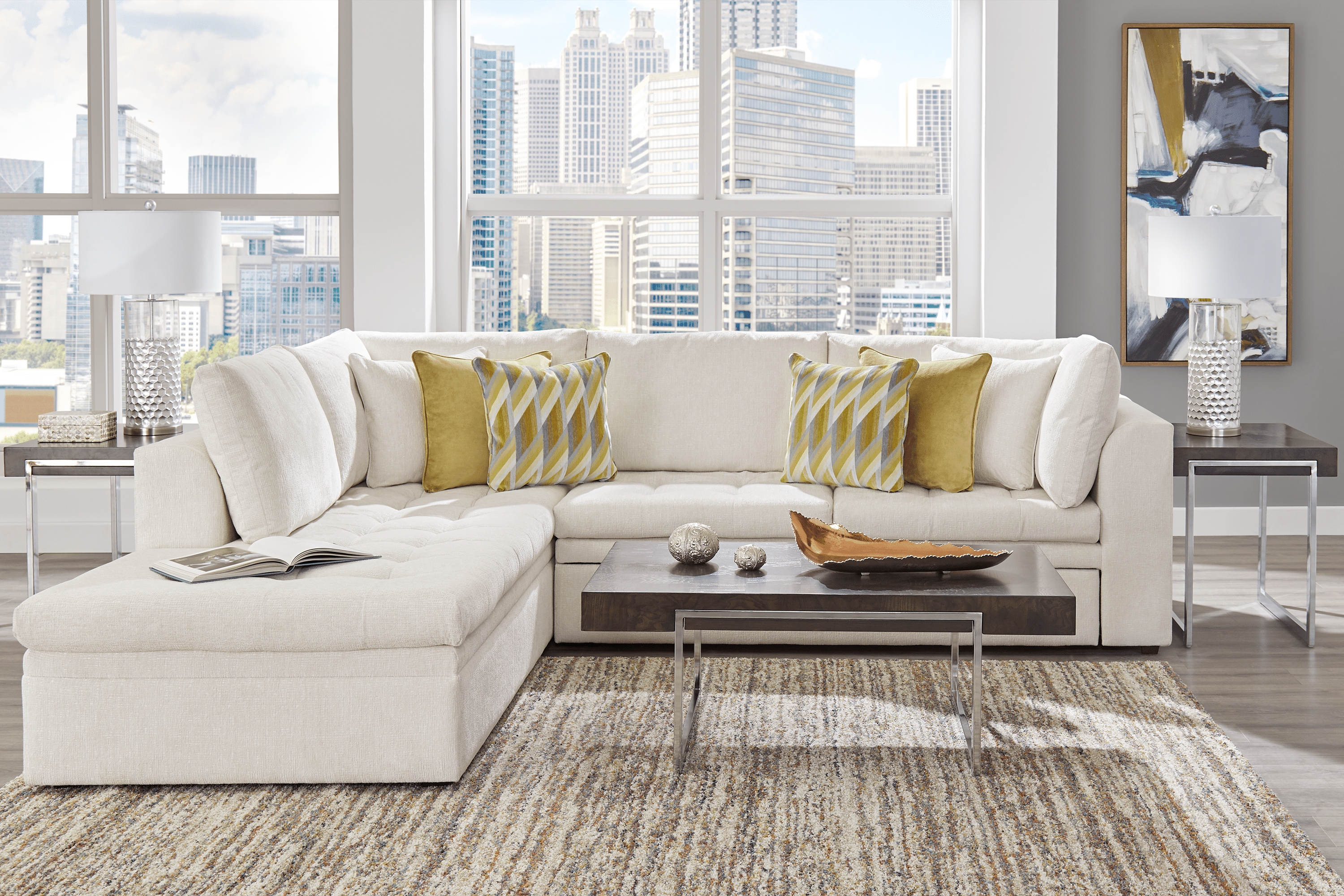 Cindy Crawford Home Sheridan Square Off-White 5 Pc Sleeper Sectional Living Room - Thumbnail - Image 1