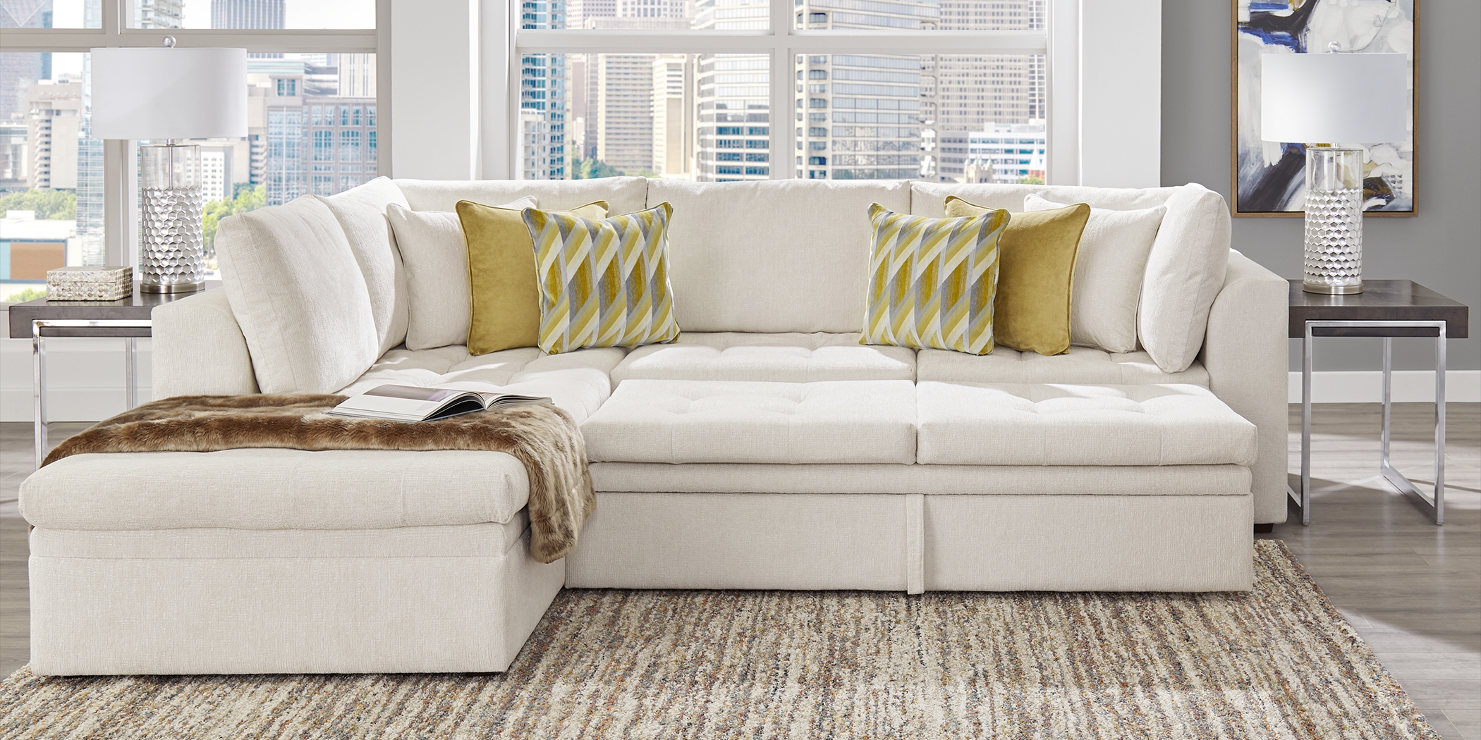 Cindy Crawford Home Sheridan Square Off-White 5 Pc Sleeper Sectional Living Room - Thumbnail - Image 2