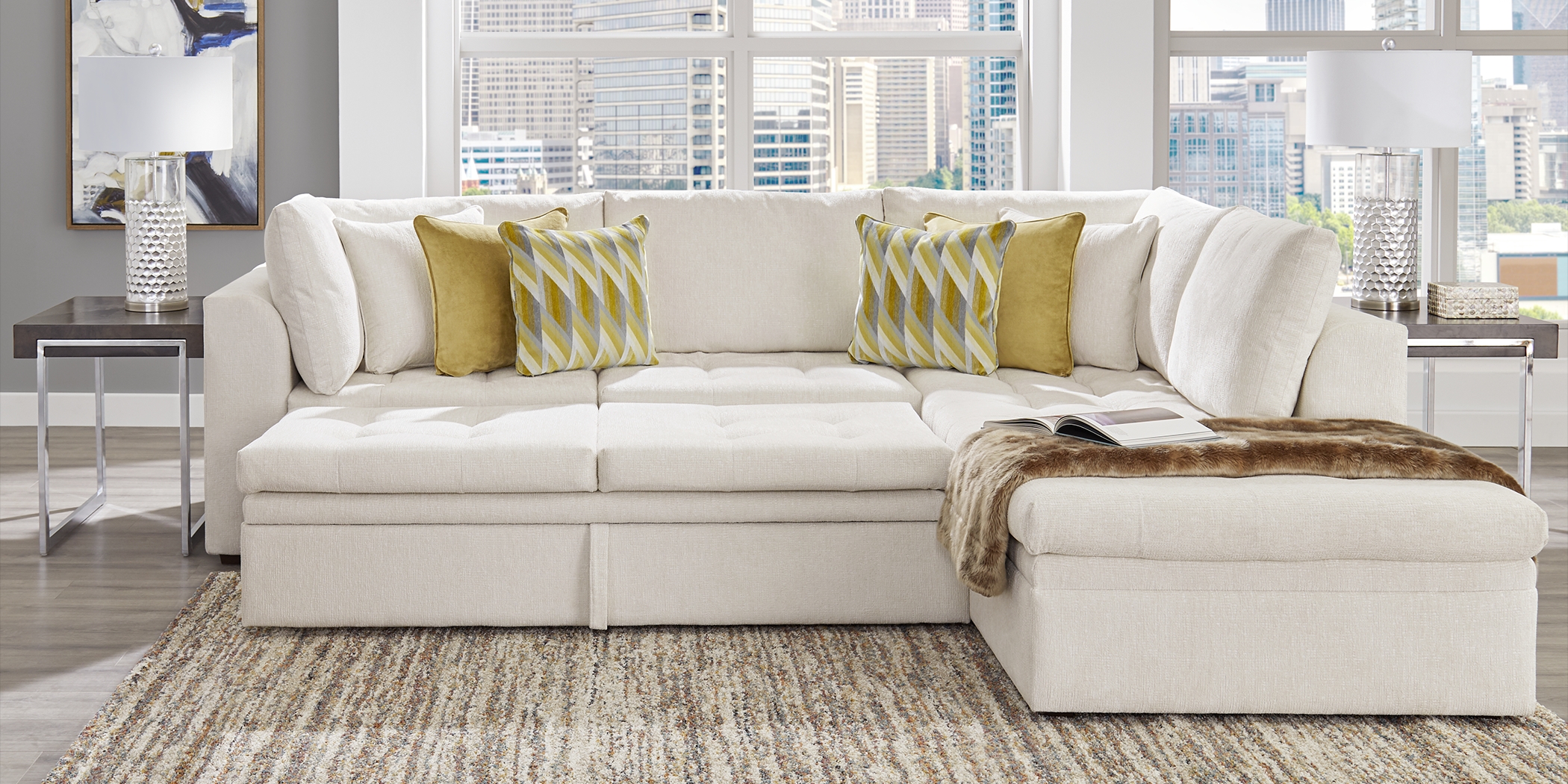 Cindy Crawford Home Sheridan Square Off-White 5 Pc Sleeper Sectional Living Room - Thumbnail - Image 2