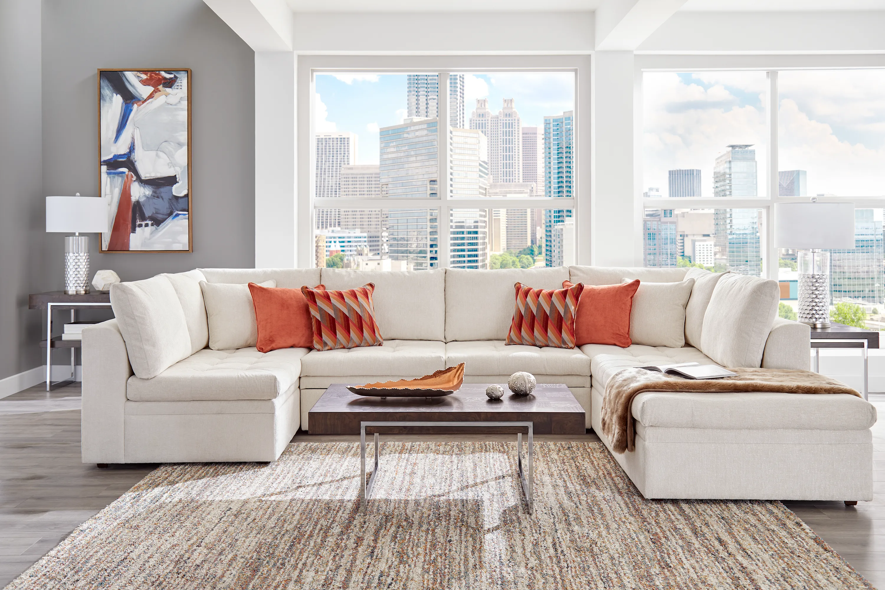 Cindy Crawford Home Sheridan Square Off-White 6 Pc Sleeper Sectional Living Room - Thumbnail - Image 1
