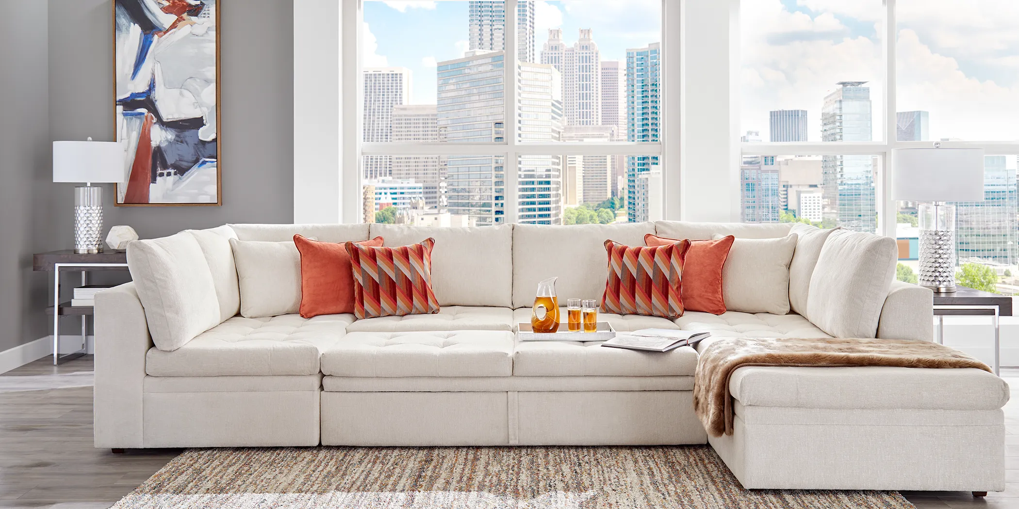 Sheridan Square Off-White 6 Pc Sleeper Sectional Living Room - Thumbnail - Image 2