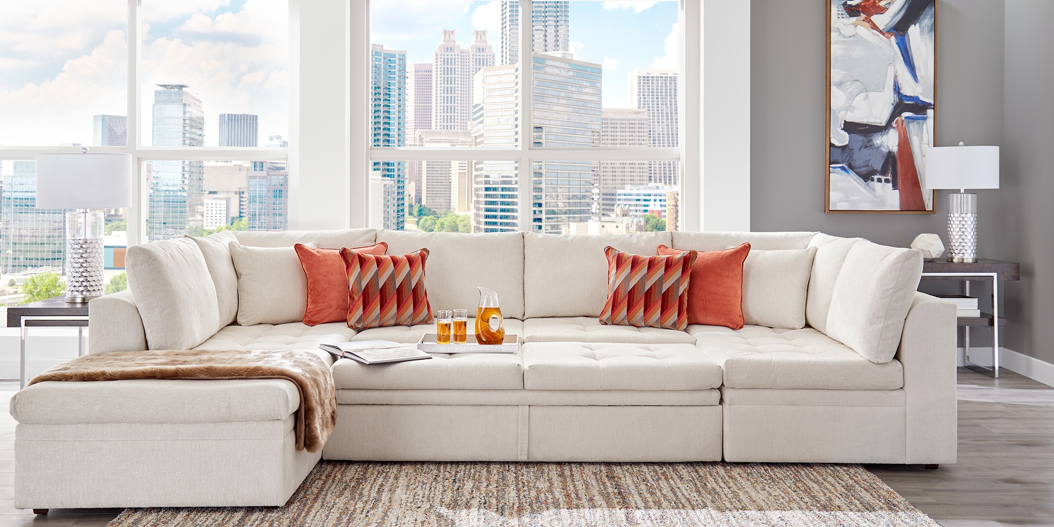 Cindy Crawford Home Sheridan Square Off-White 6 Pc Sleeper Sectional Living Room - Thumbnail - Image 2