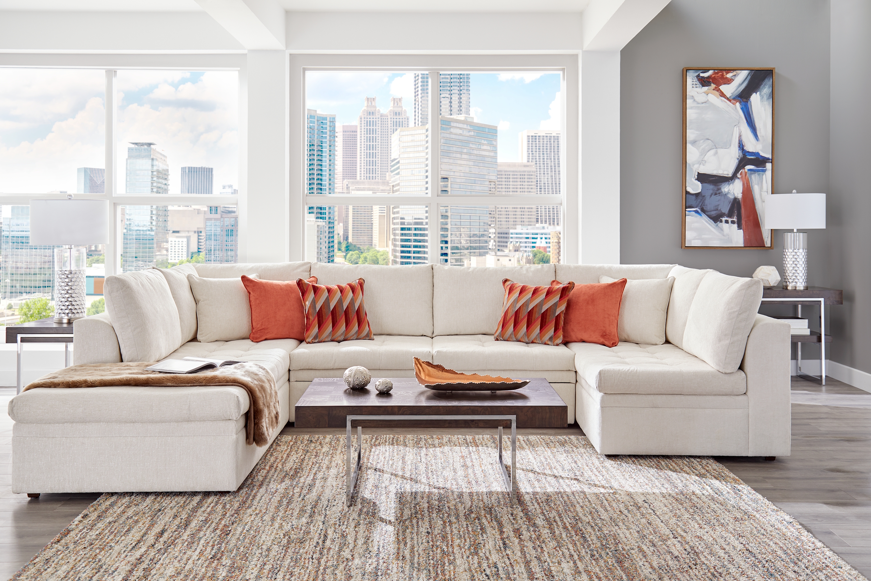 Cindy Crawford Home Sheridan Square Off-White 6 Pc Sleeper Sectional Living Room - Thumbnail - Image 1