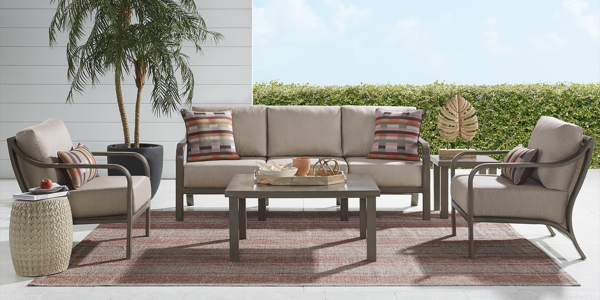 Cindy Crawford Home St. Lucia Champagne 5 Pc Outdoor Seating Set with Mushroom Cushion - Thumbnail - Image 1