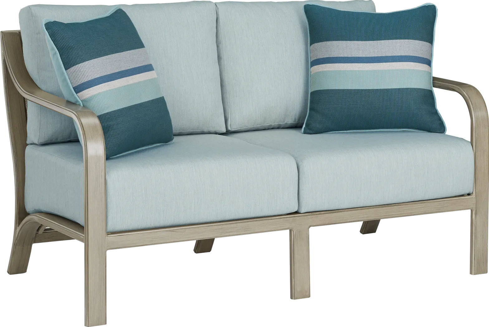 Cindy Crawford Home St. Lucia Champagne Outdoor Loveseat with Seafoam Cushions - Thumbnail - Image 1