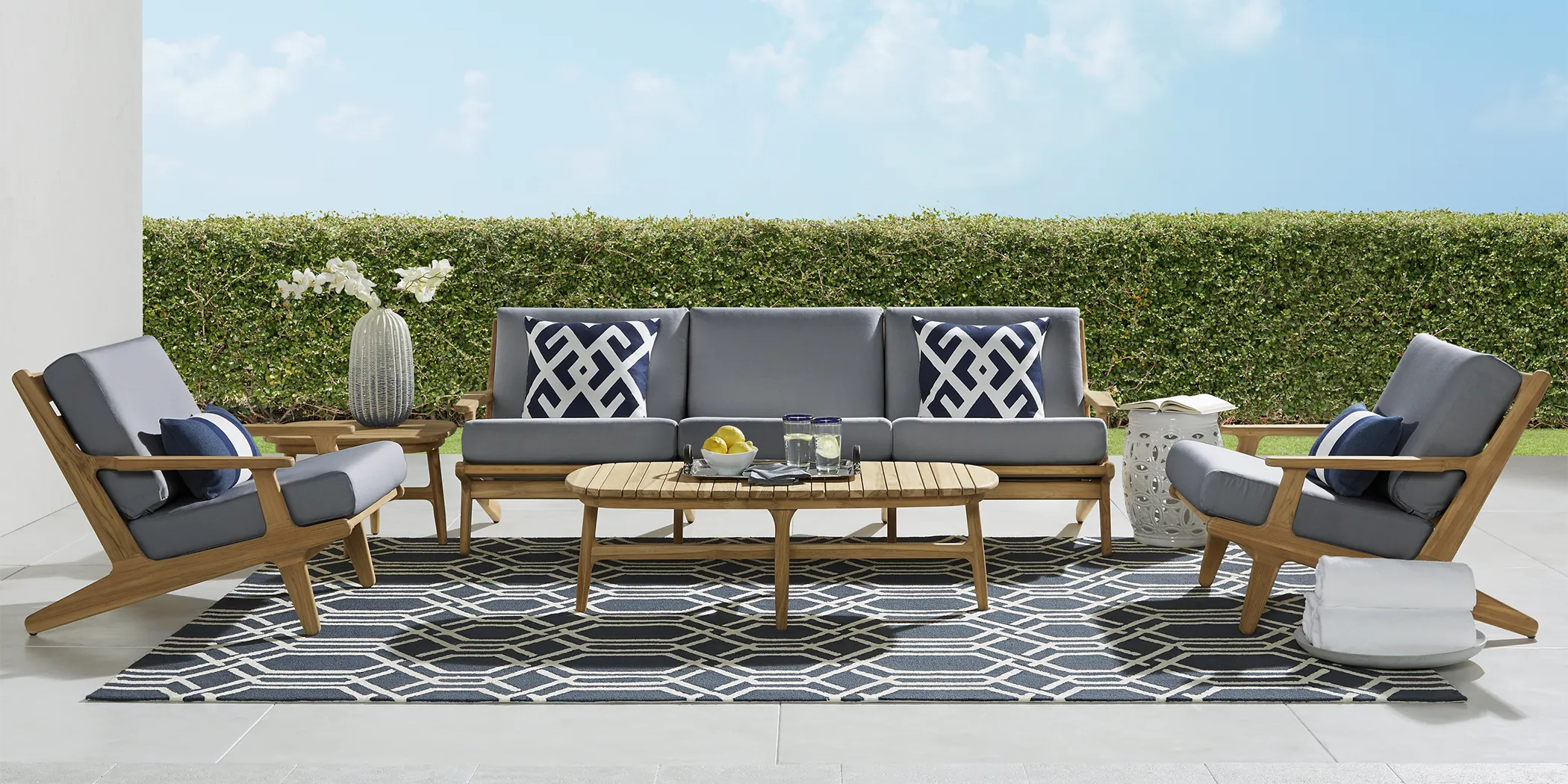 Cindy Crawford Home Sydney Teak 4 Pc Outdoor Seating Set with Denim Cushions - Thumbnail - Image 1